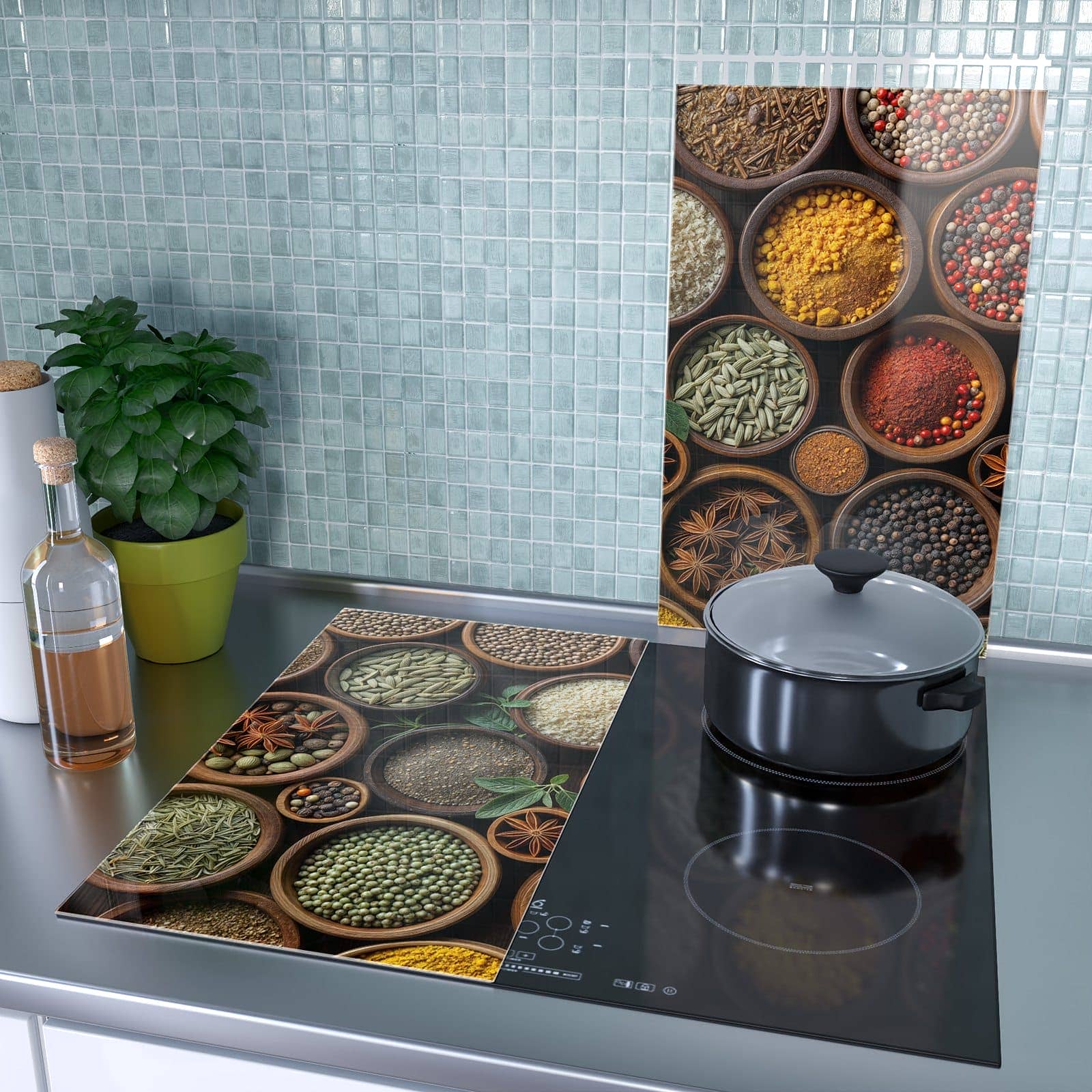 2-teilige Abdeckplatten für Herd mit Vielfalt Gewuerze-Motiv als Spritzschutz hinter dem Kochfeld