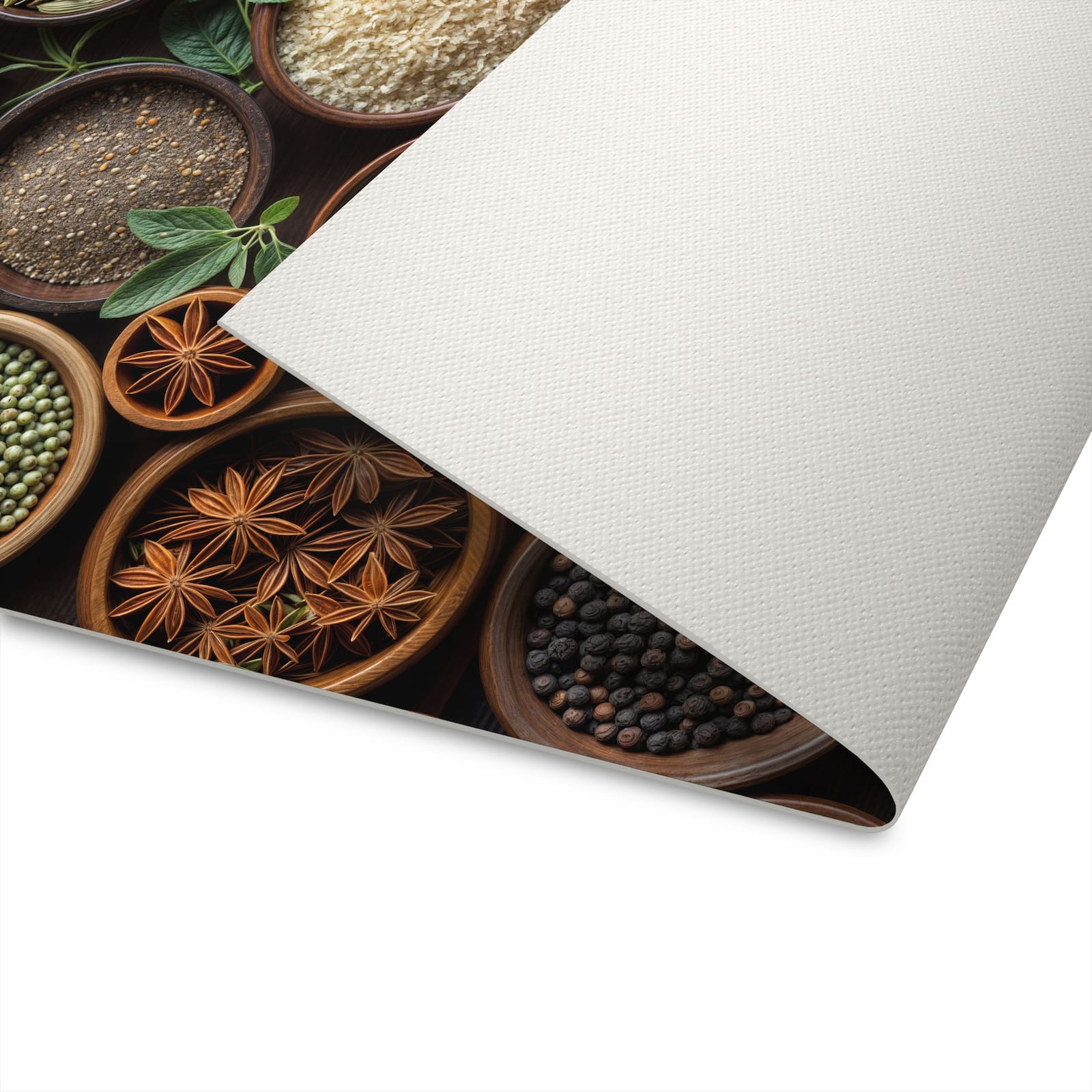 Feuchtigkeitsresistenter Küchenläufer mit Motiv Vielfalt Gewuerze für die Unterseite