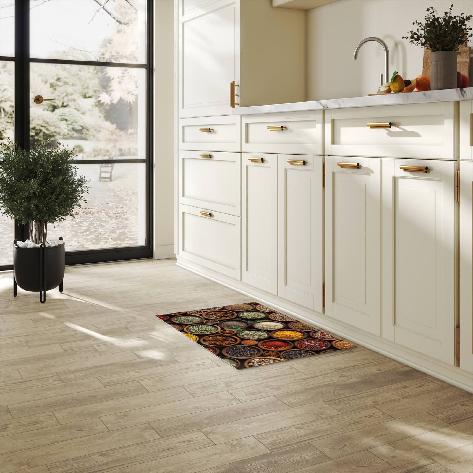 Abriebfester waschbarer Teppich Küche mit Motiv Vielfalt Gewuerze in heller Küche