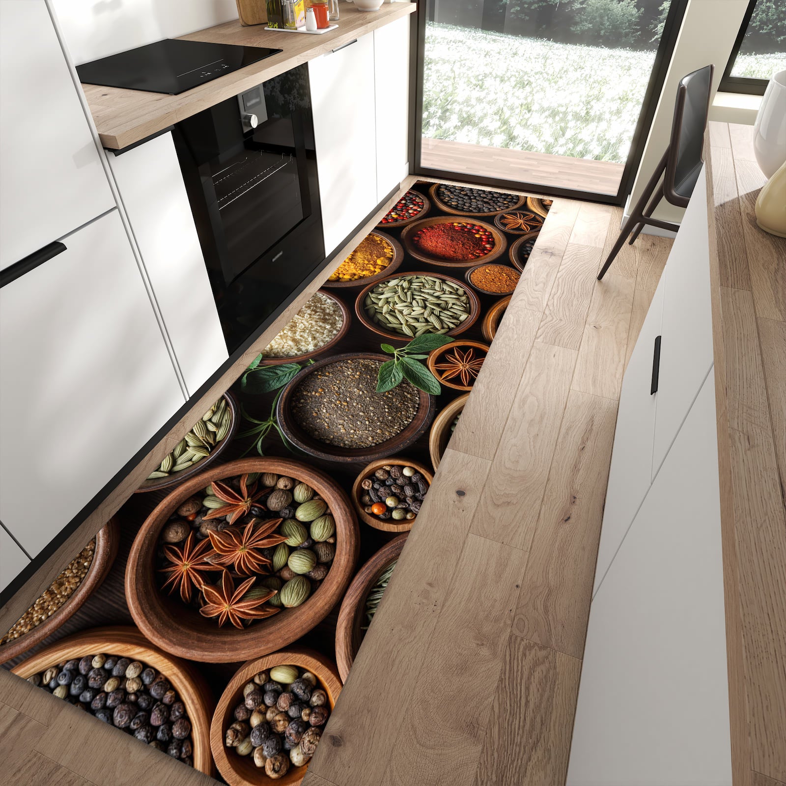 Formstabiler Küchenläufer nach Maß mit Motiv Vielfalt Gewuerze in moderner Küche