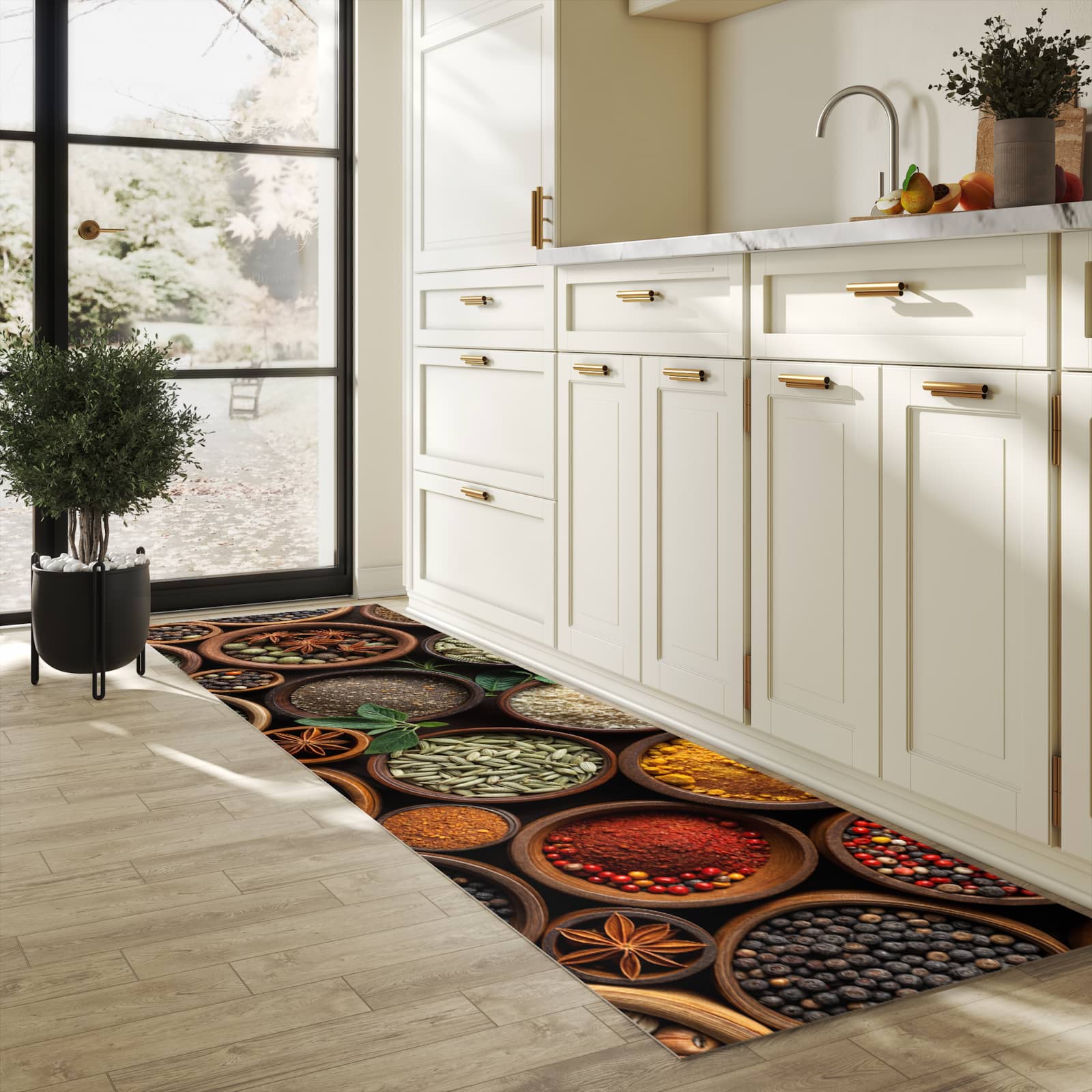 Fleckenresistenter waschbarer Läufer mit Motiv Vielfalt Gewuerze in heller Küche