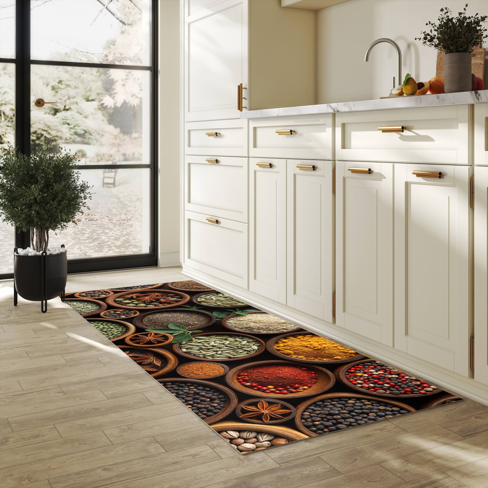 Geruchsneutraler langer Teppich mit Motiv Vielfalt Gewuerze in heller Küche