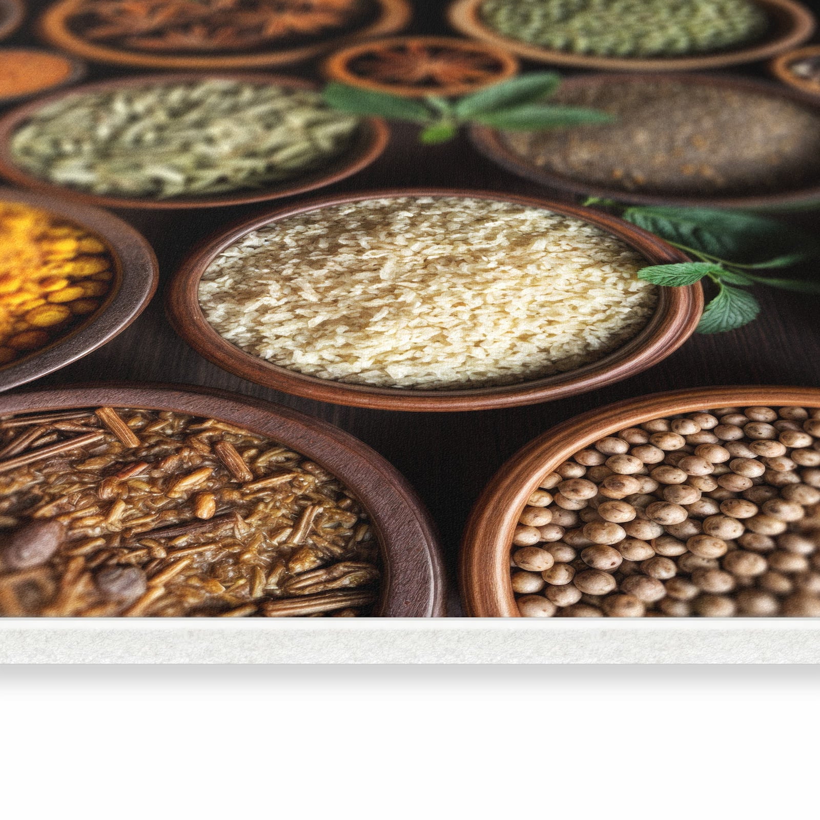 Pflegeleichter waschbarer Teppich fürs Esszimmer mit Motiv Vielfalt Gewuerze in seitlicher Ansicht