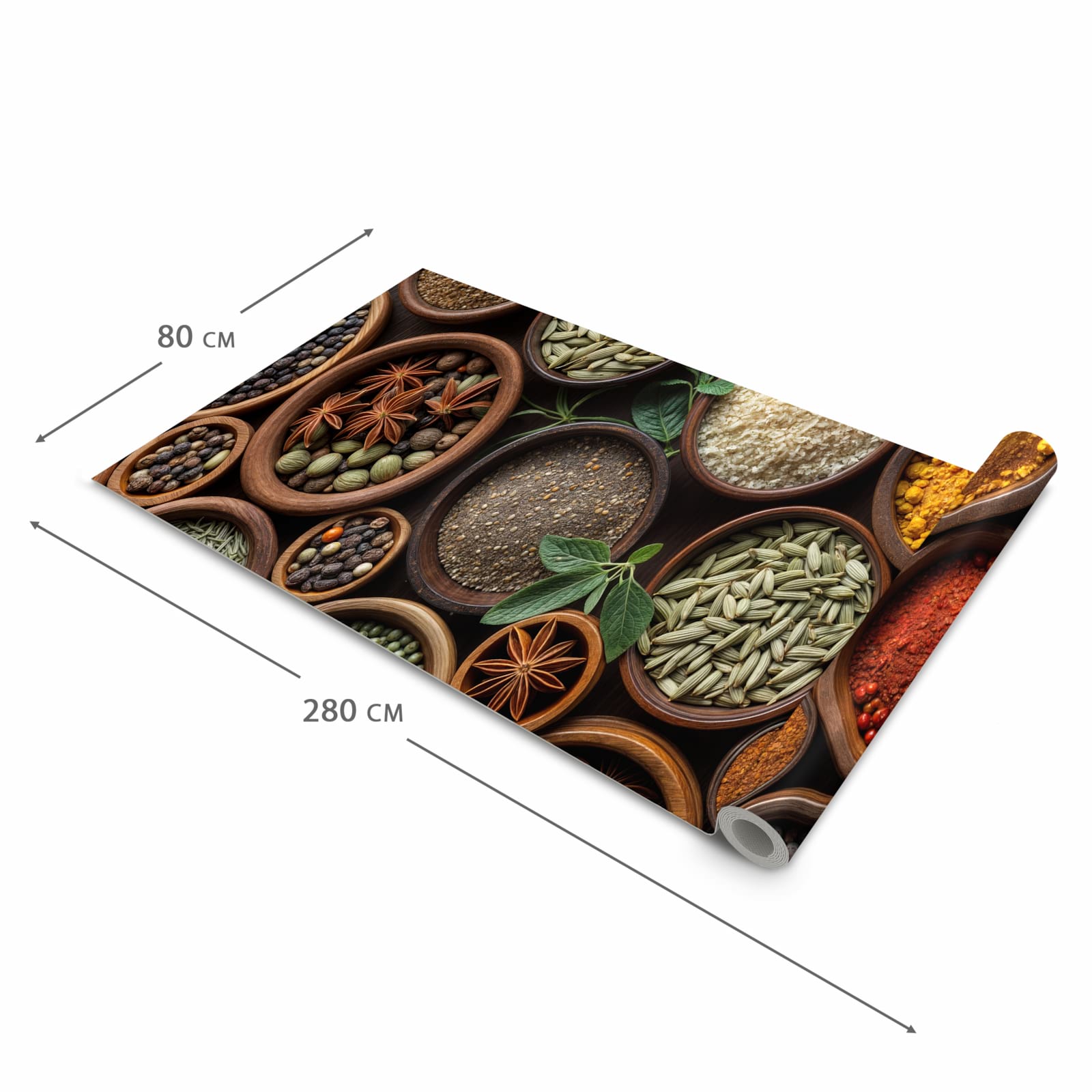 Formstabiler Küchenteppich mit Motiv Vielfalt Gewuerze in der Grösse 80x250 cm