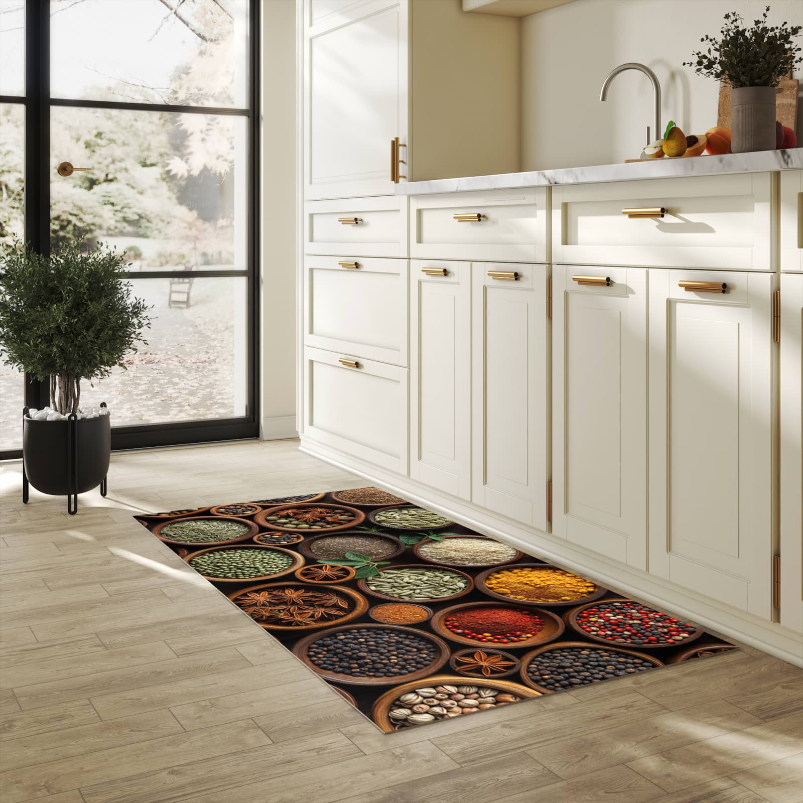 Schmutzabweisender waschbarer Küchenläufer mit Motiv Vielfalt Gewuerze in heller Küche