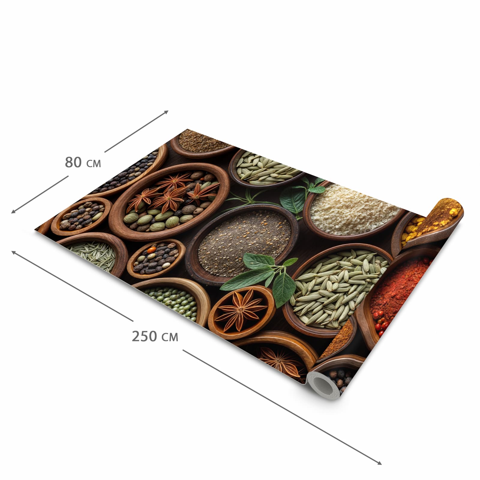 Farbbeständiger Küchenteppich mit Motiv Vielfalt Gewuerze in der Grösse 80x250 cm