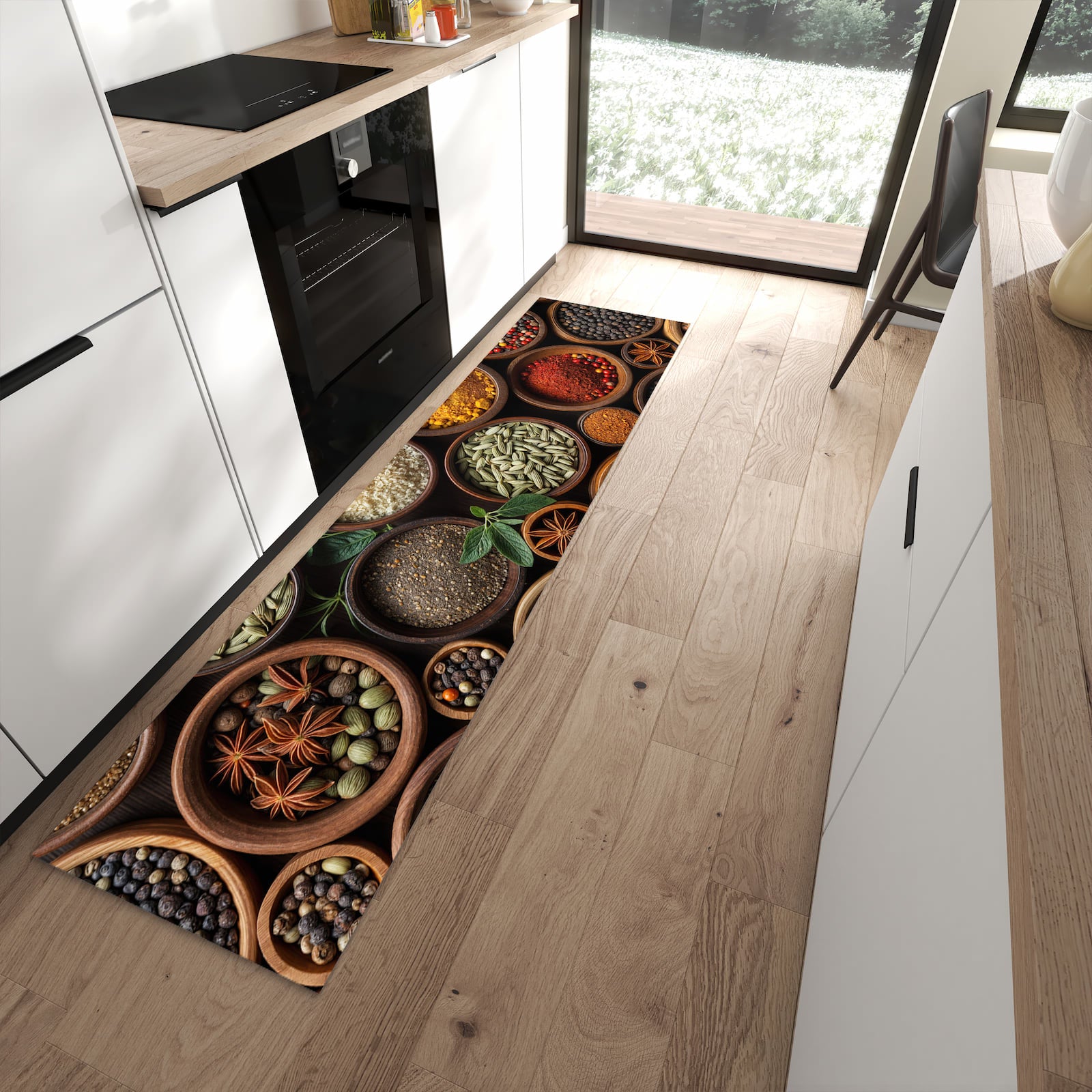 Langlebiger Küchenläufer mit Motiv Vielfalt Gewuerze in moderner Küche