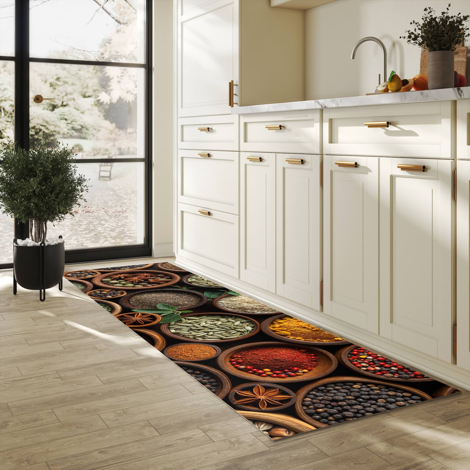 Wasserabweisender Teppichläufer mit Motiv Vielfalt Gewuerze in heller Küche
