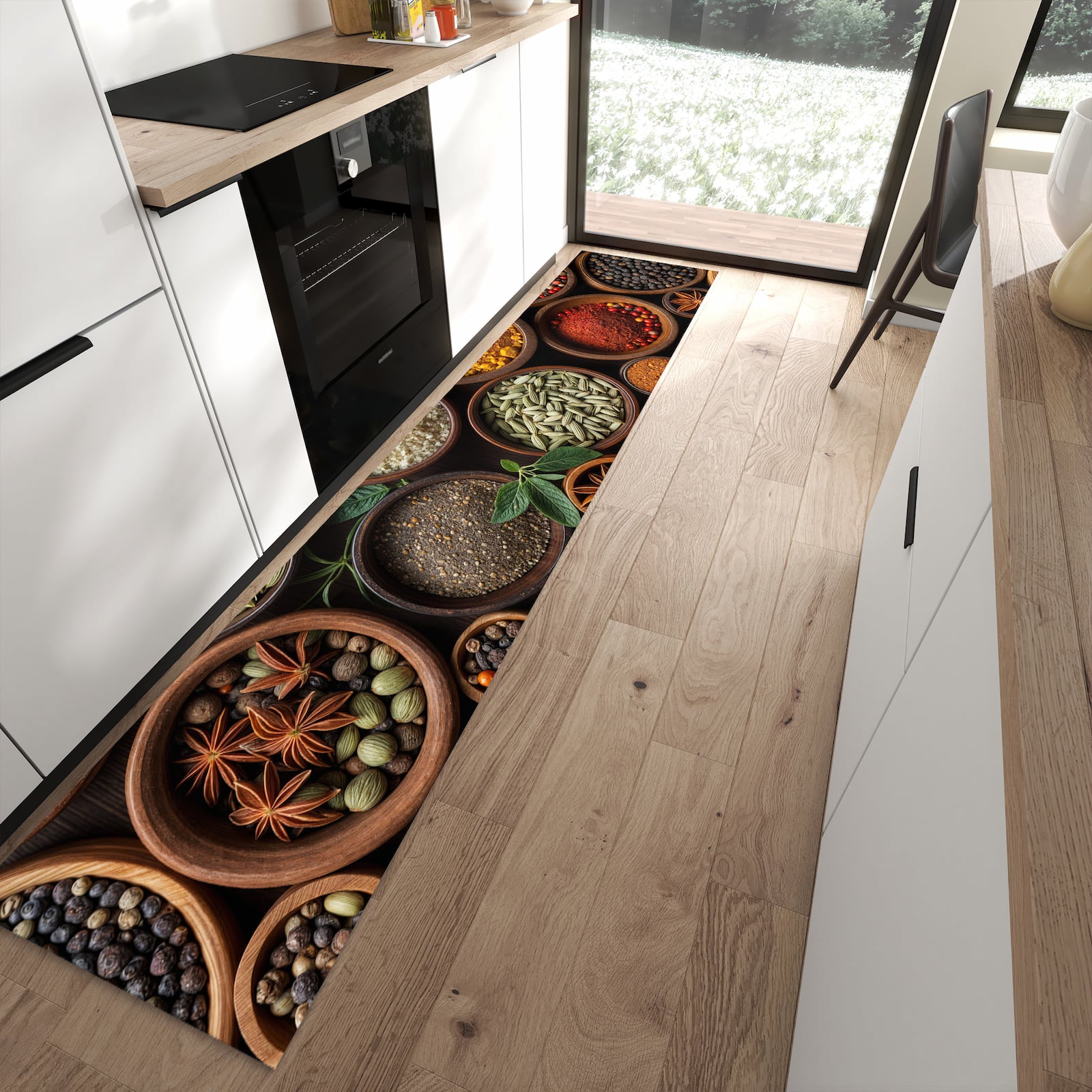 Feuchtigkeitsresistenter rutschfester Küchenläufer mit Motiv Vielfalt Gewuerze in moderner Küche