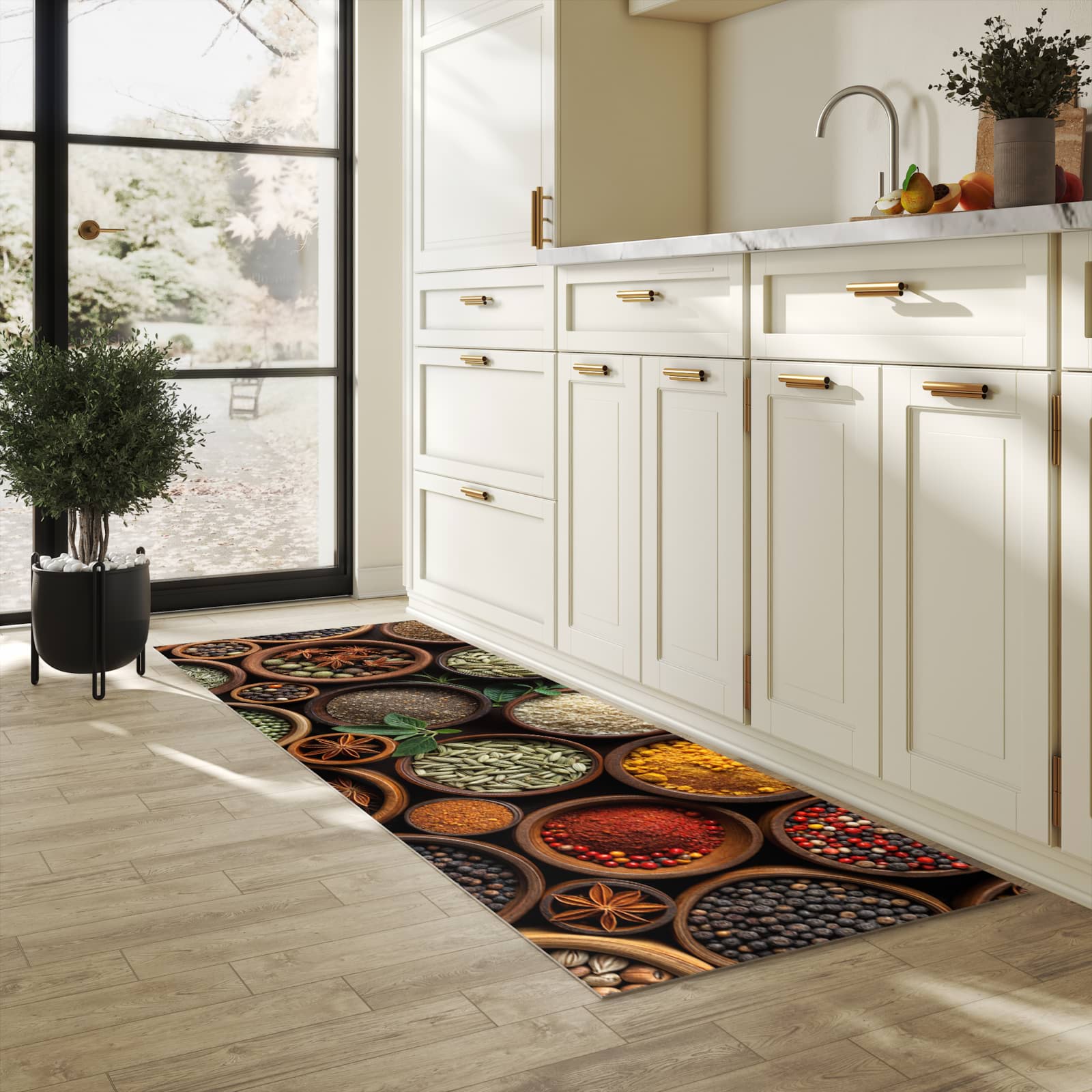 Komfortabler Küchenläufer mit Motiv Vielfalt Gewuerze in heller Küche für angenehmes Stehen