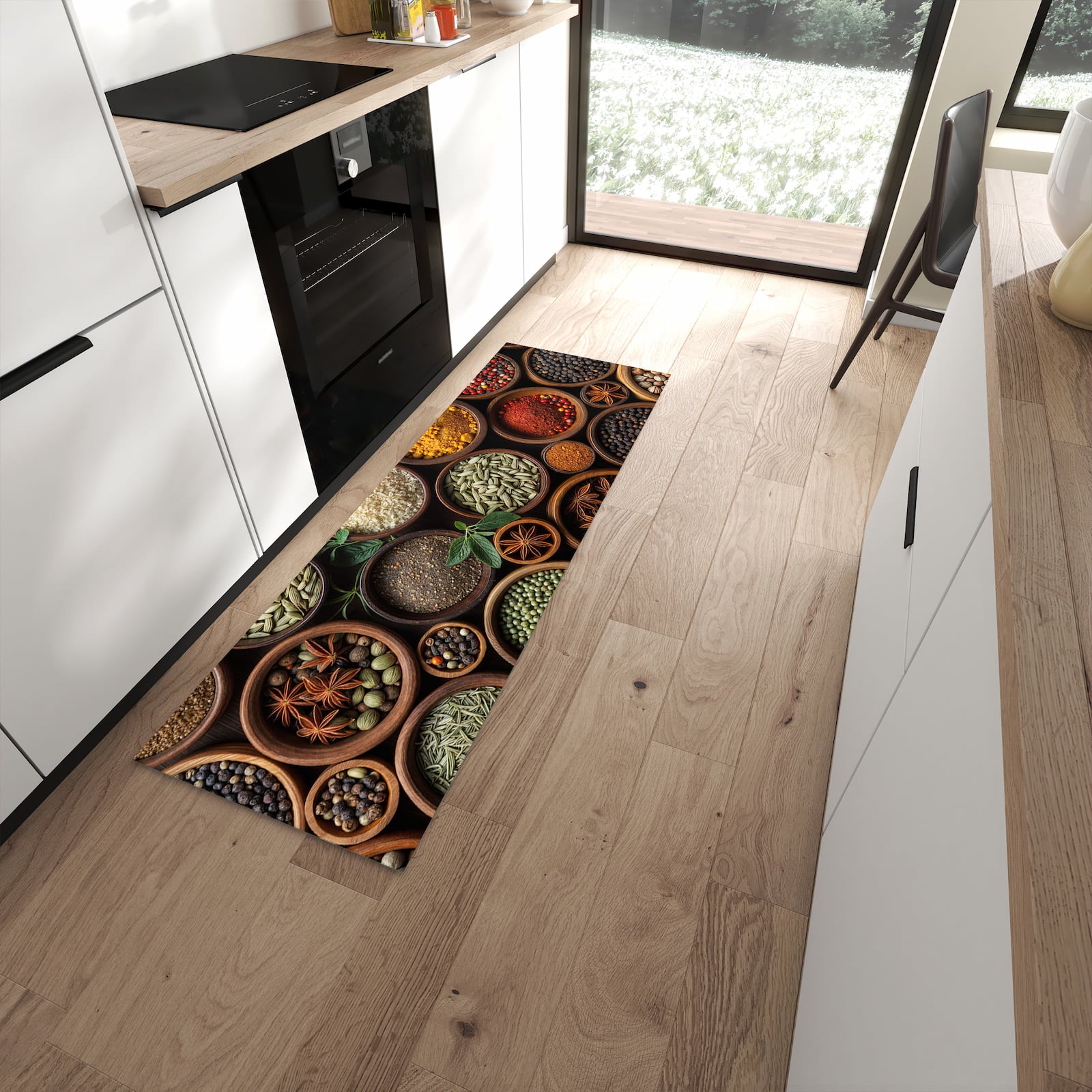 Waschbarer Küchenläufer mit Motiv Vielfalt Gewuerze in moderner Küche