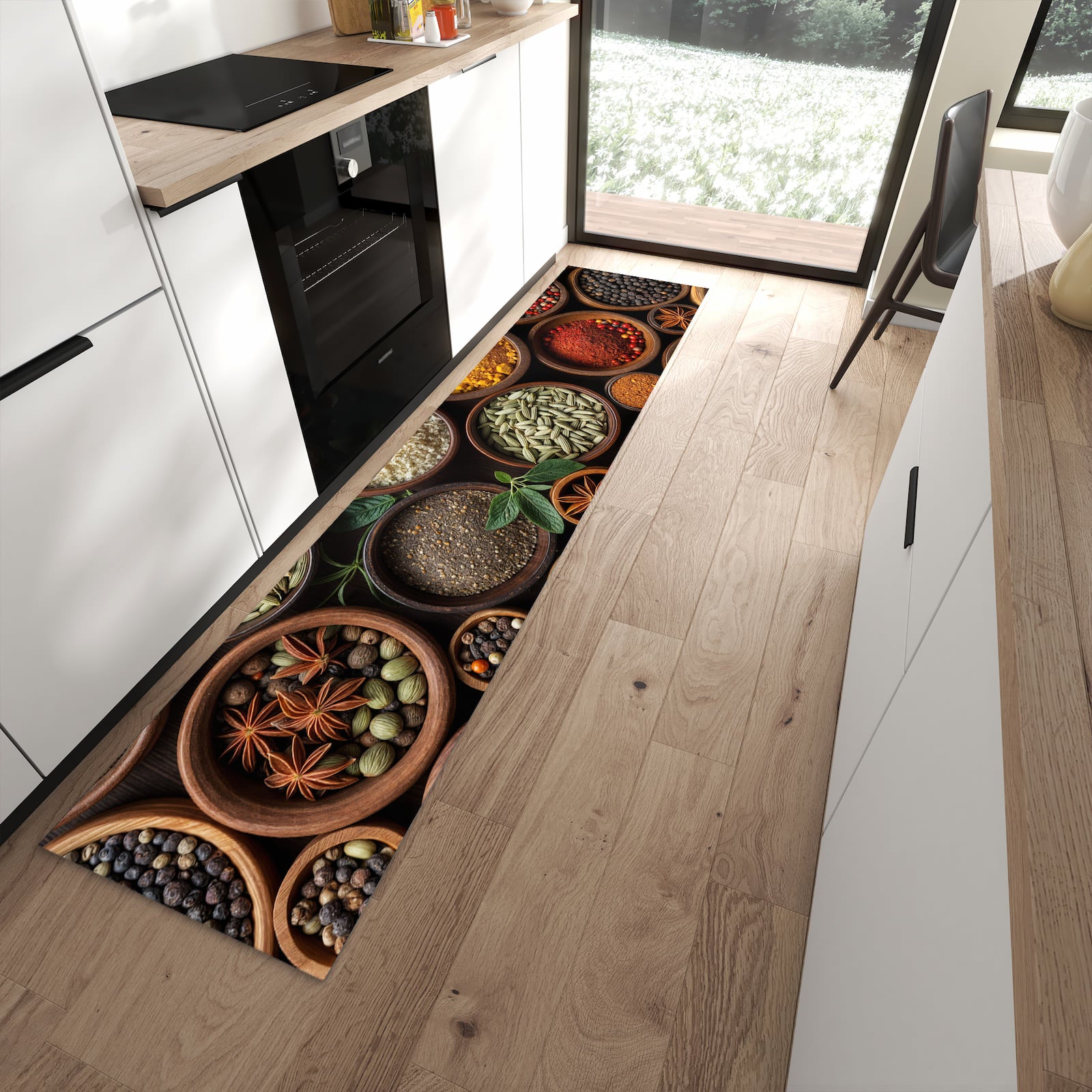 Rutschfester Küchenläufer mit Motiv Vielfalt Gewuerze in moderner Küche