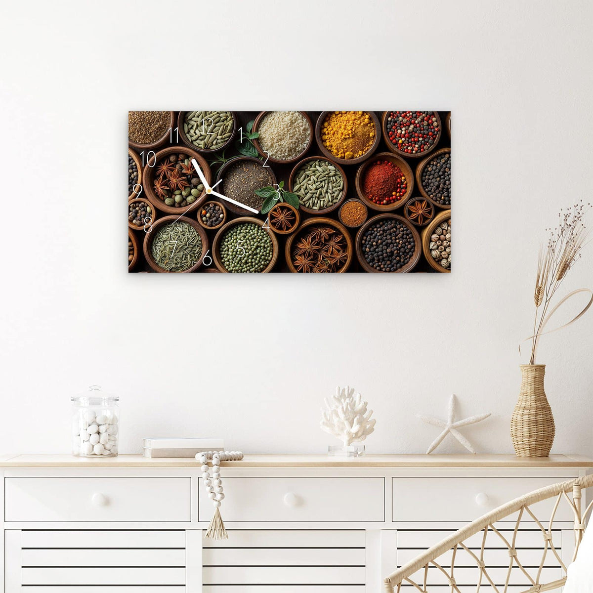 Wanduhr Vielfalt Gewuerze aus Glas – Querformat 60 × 30 cm – Kaleidoskop aus Gewürzschalen