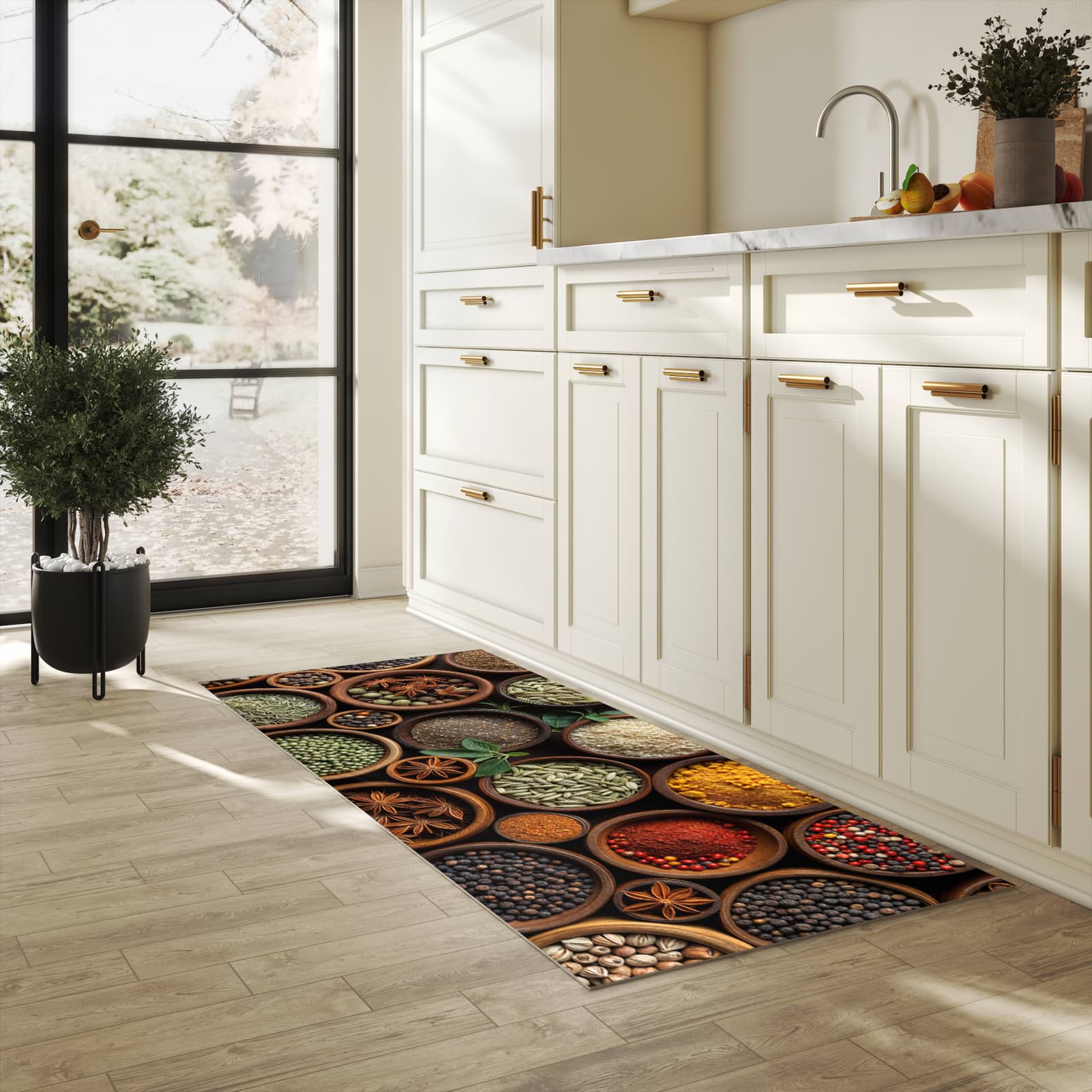 UV-beständiger Küchenläufer mit Motiv Vielfalt Gewuerze in heller Küche