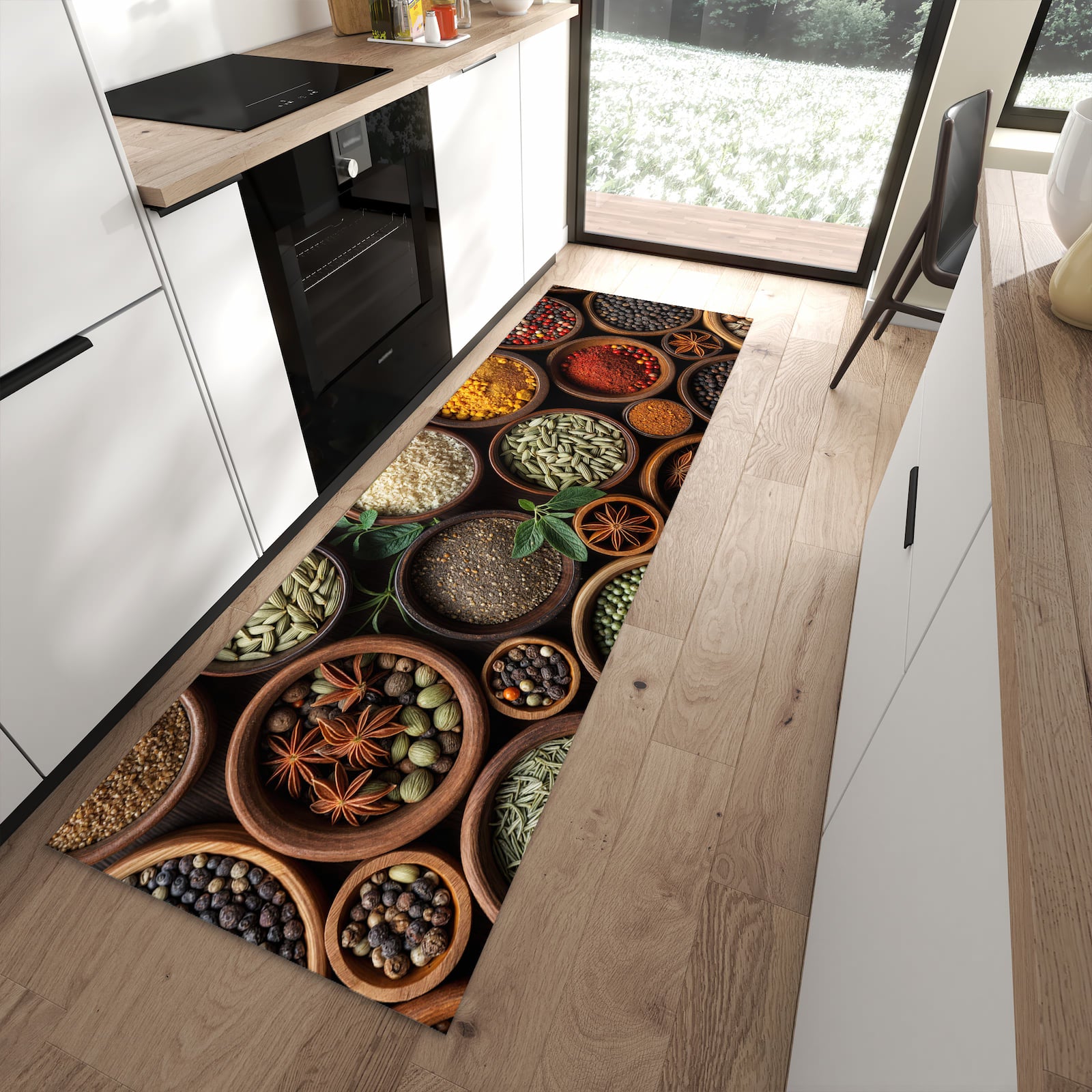 Bodenschonender rutschfester Küchenläufer mit Motiv Vielfalt Gewuerze in moderner Küche