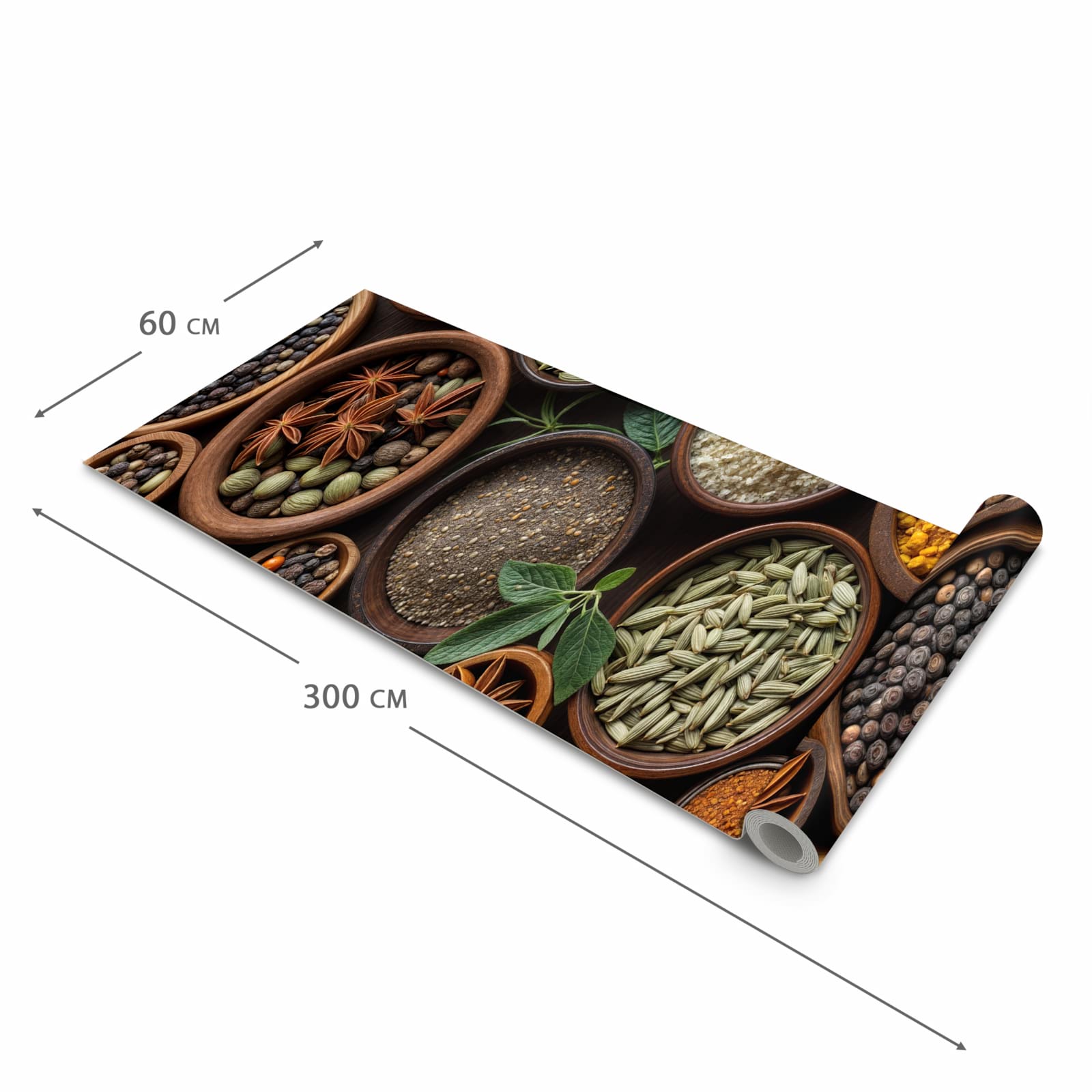 Bodenschonender Küchenteppich mit Motiv Vielfalt Gewuerze in der Grösse 80x200 cm