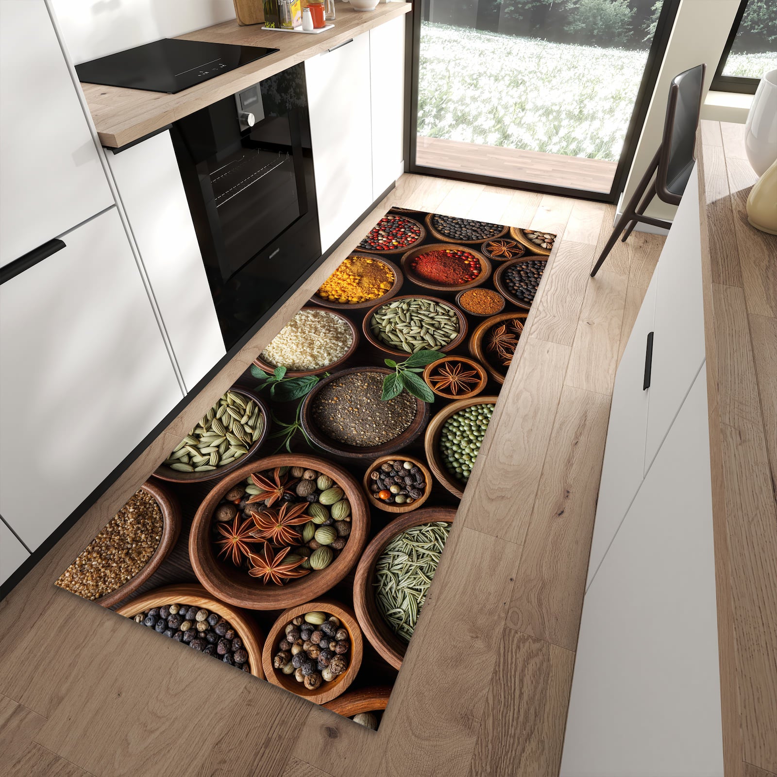 Zeitsparender moderner Küchenläufer mit Motiv Vielfalt Gewuerze in moderner Küche