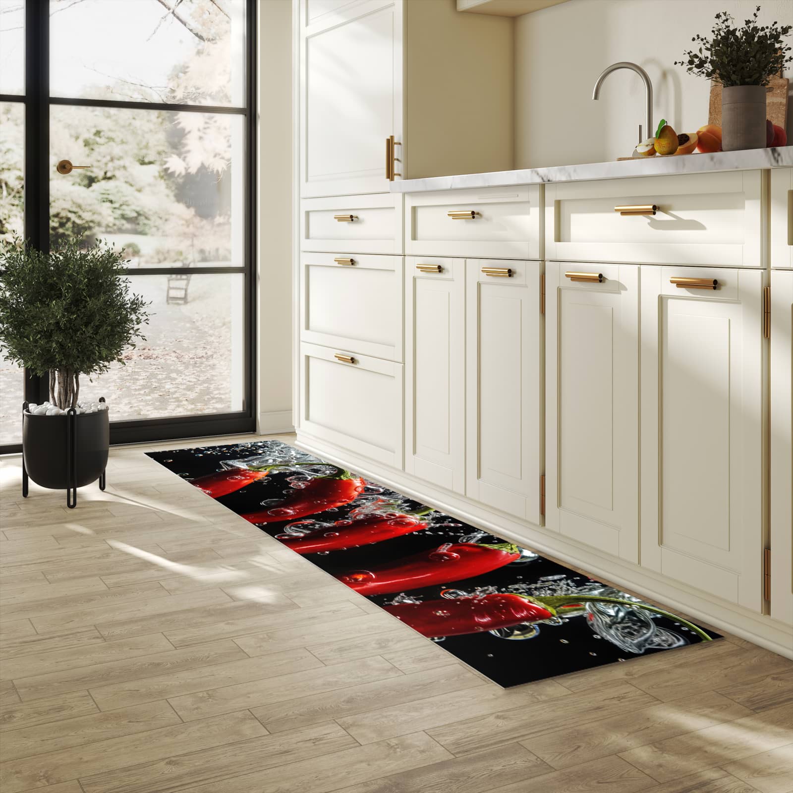 Abwaschbarer Küchenläufer mit Motiv Chili unter Wasser in heller Küche für angenehme Haptik