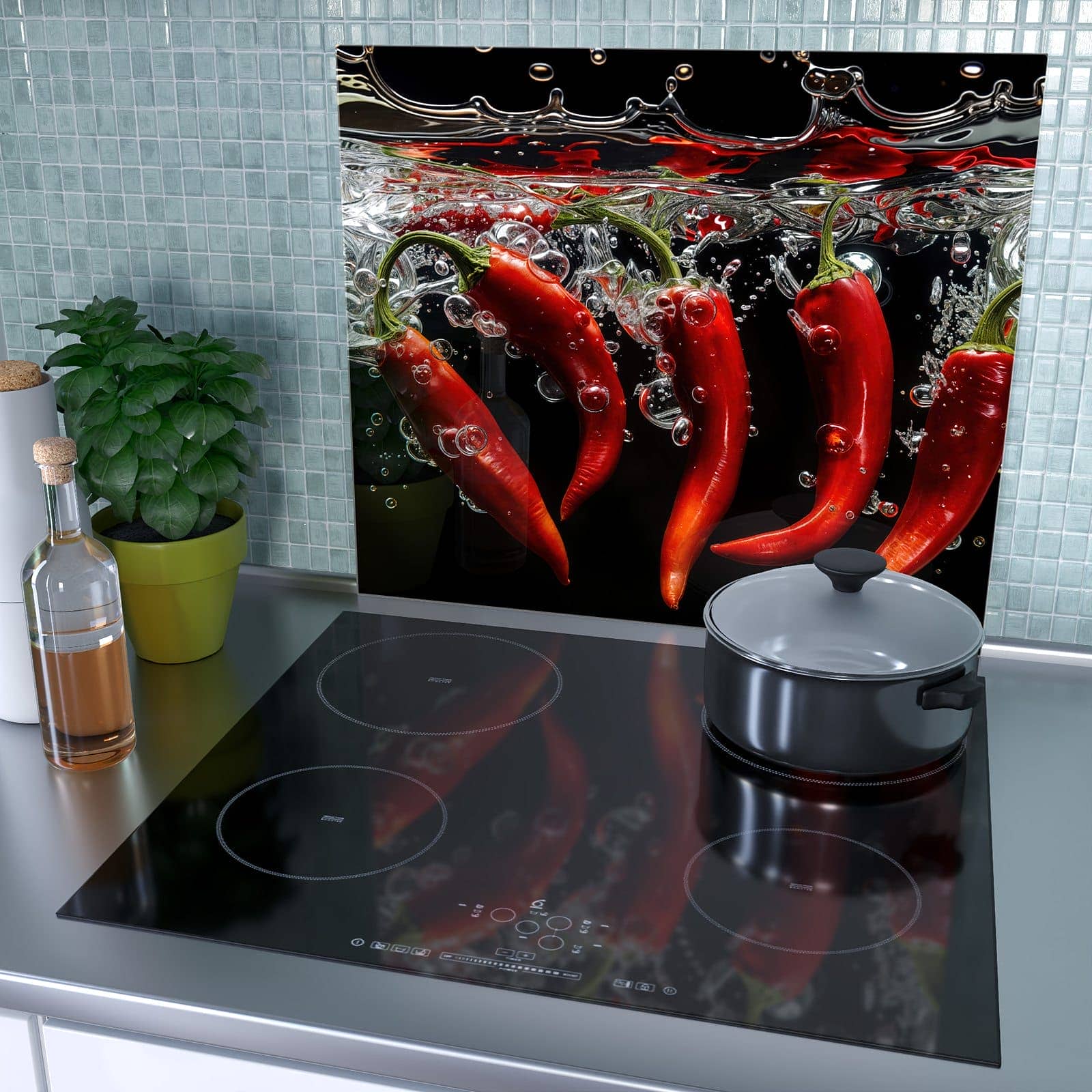 1-teilige Herdabdeckung mit Chili unter Wasser-Motiv als Spritzschutz hinter dem Kochfeld