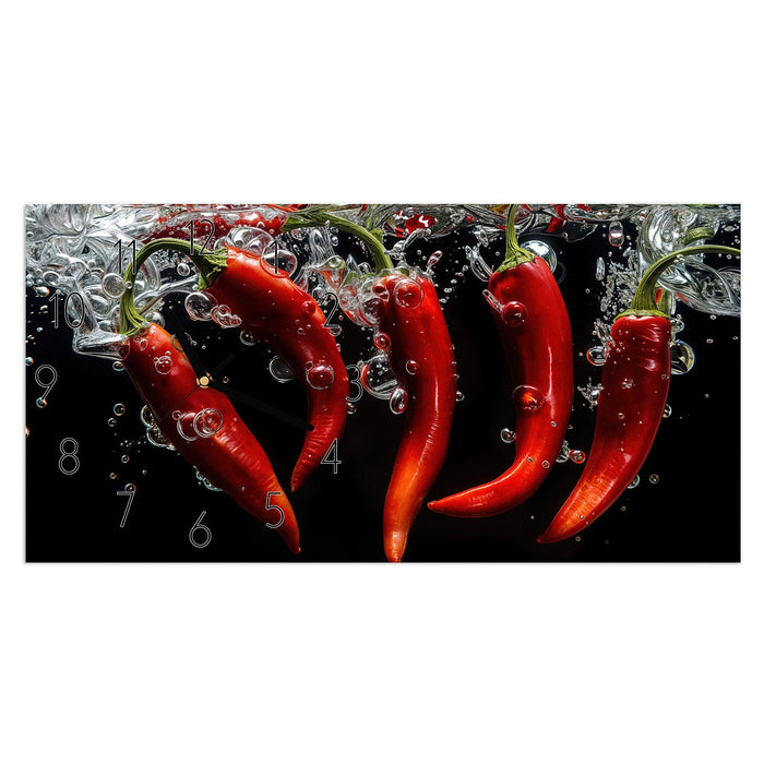 Wanduhr Chili unter Wasser aus Glas – Querformat 60 × 30 cm mit Ziffernblatt Elegant
