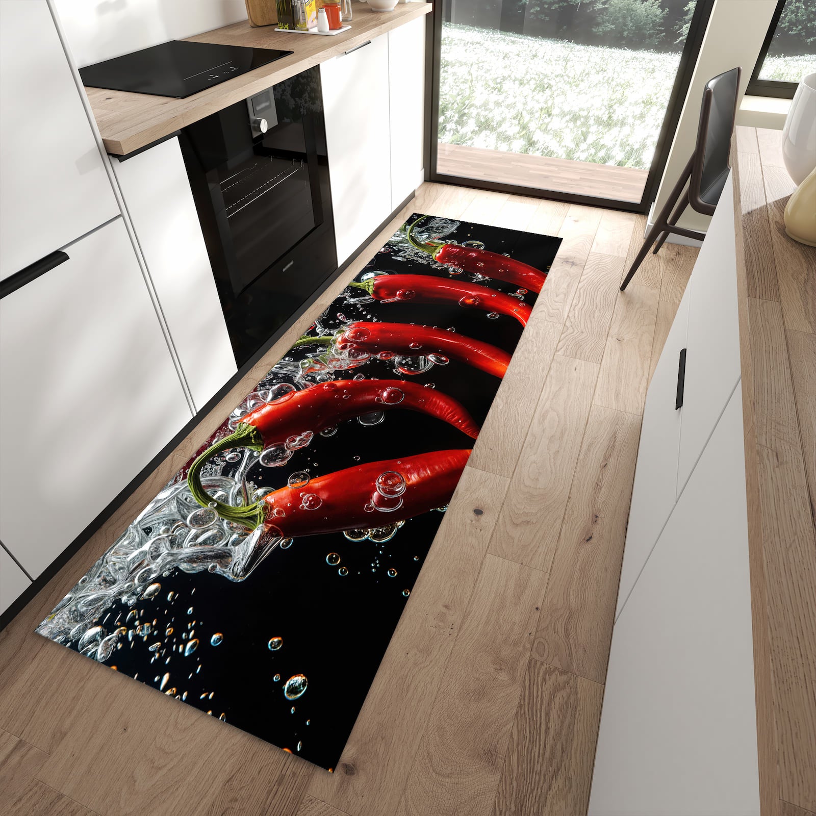 Pflegeleichter Küchenteppich mit Motiv Chili unter Wasser in moderner Küche