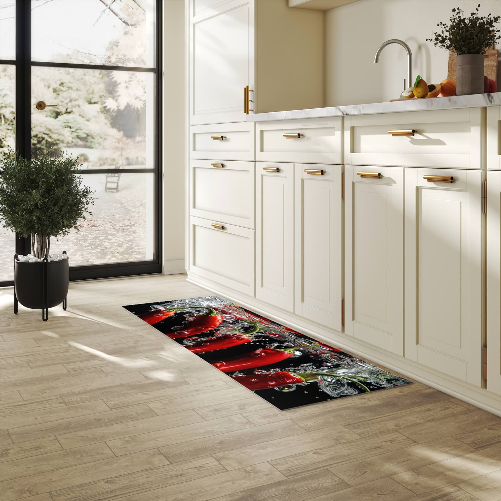 Rutschfester Küchenläufer mit Motiv Chili unter Wasser in heller Küche zum Waschen