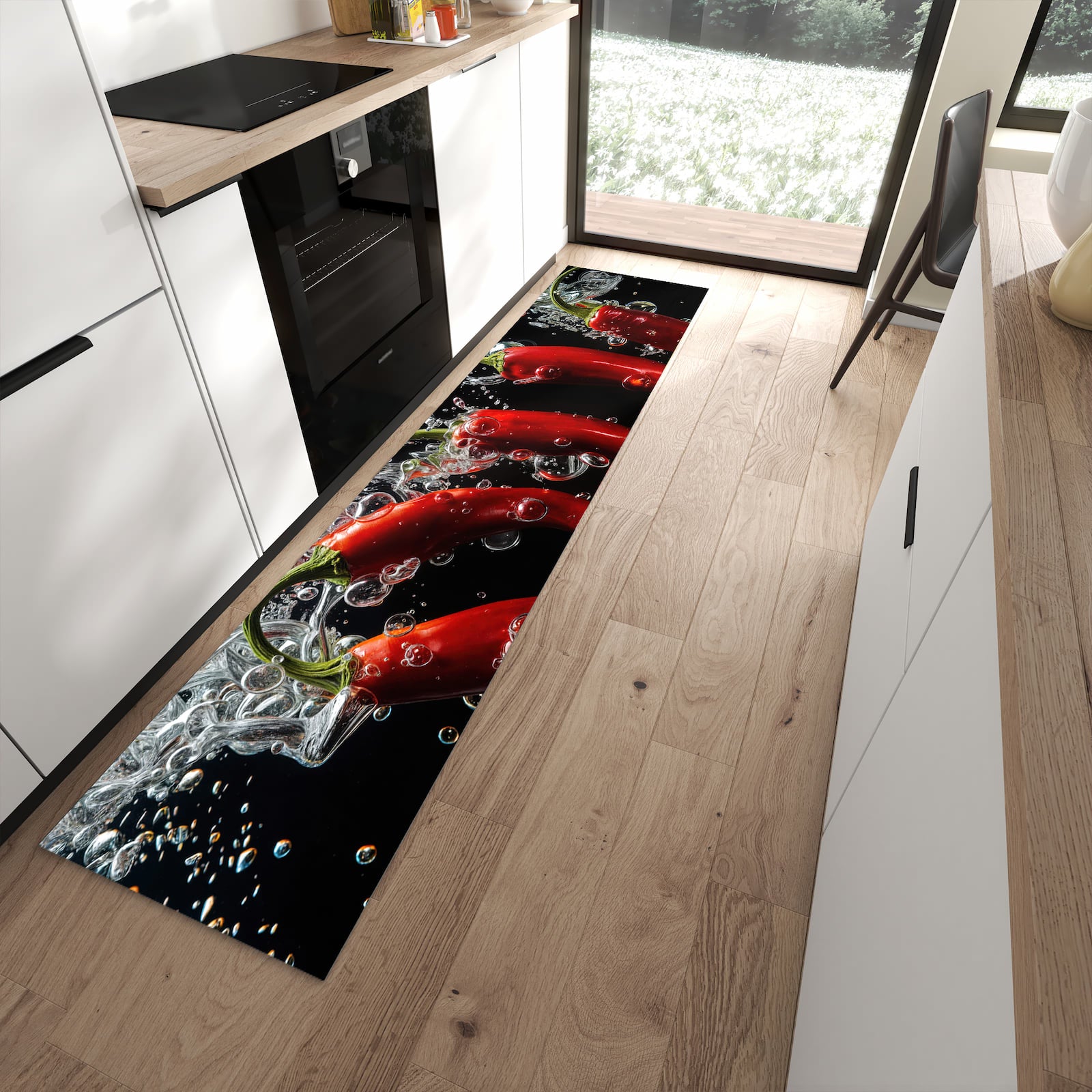 Schmutzabweisender Küchenteppich mit Motiv Chili unter Wasser in moderner Küche