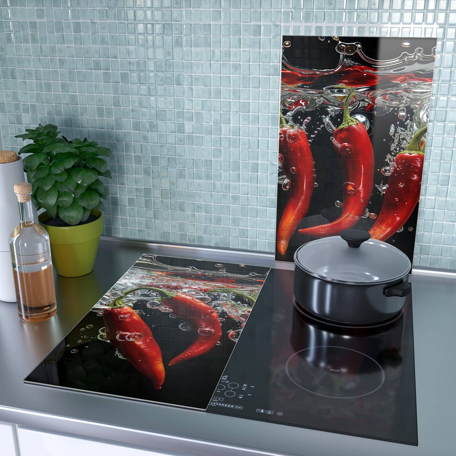 2-teilige Herdabdeckung mit Chili unter Wasser-Motiv als Spritzschutz hinter dem Kochfeld