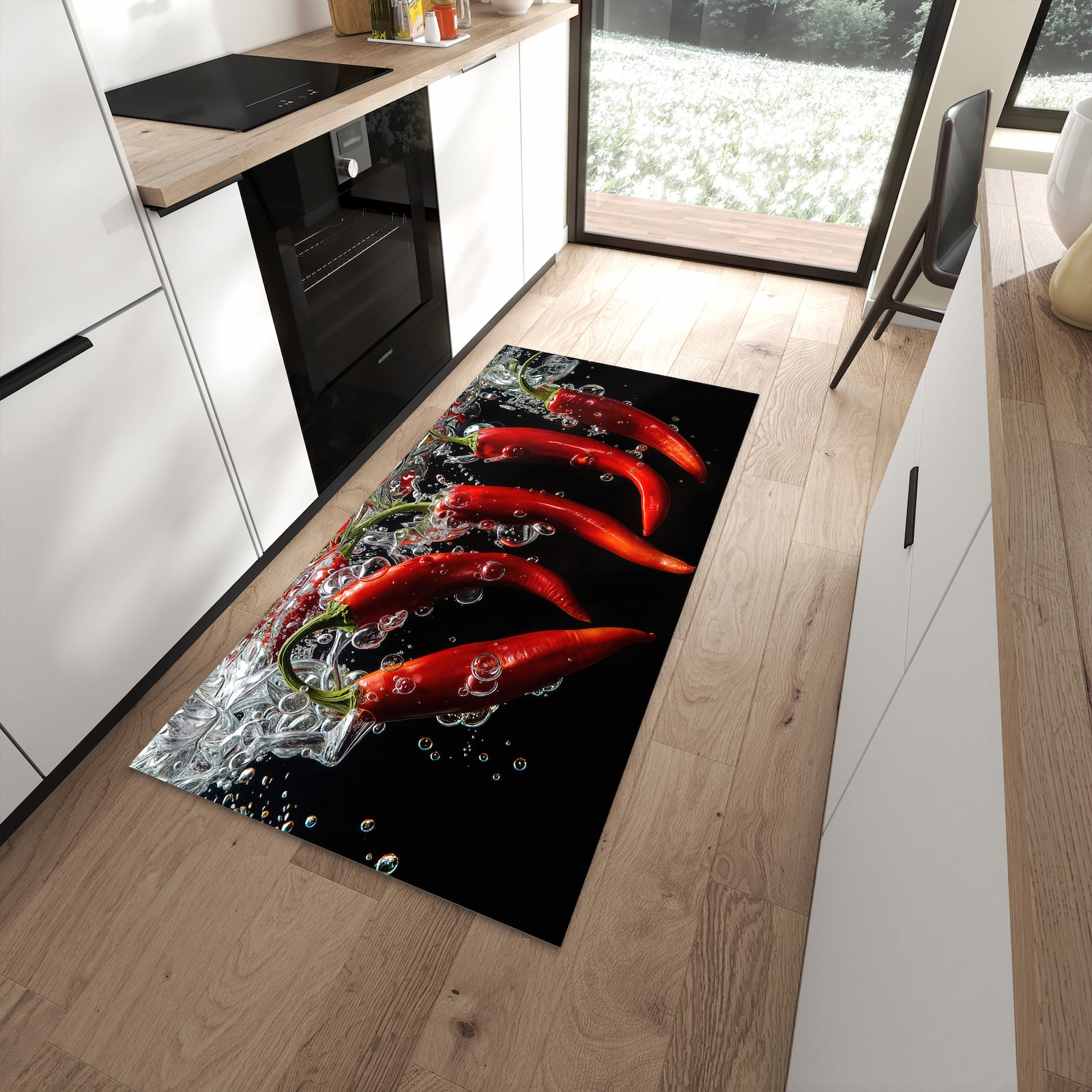 Pflegeleichter großer Küchenteppich mit Motiv Chili unter Wasser in moderner Küche