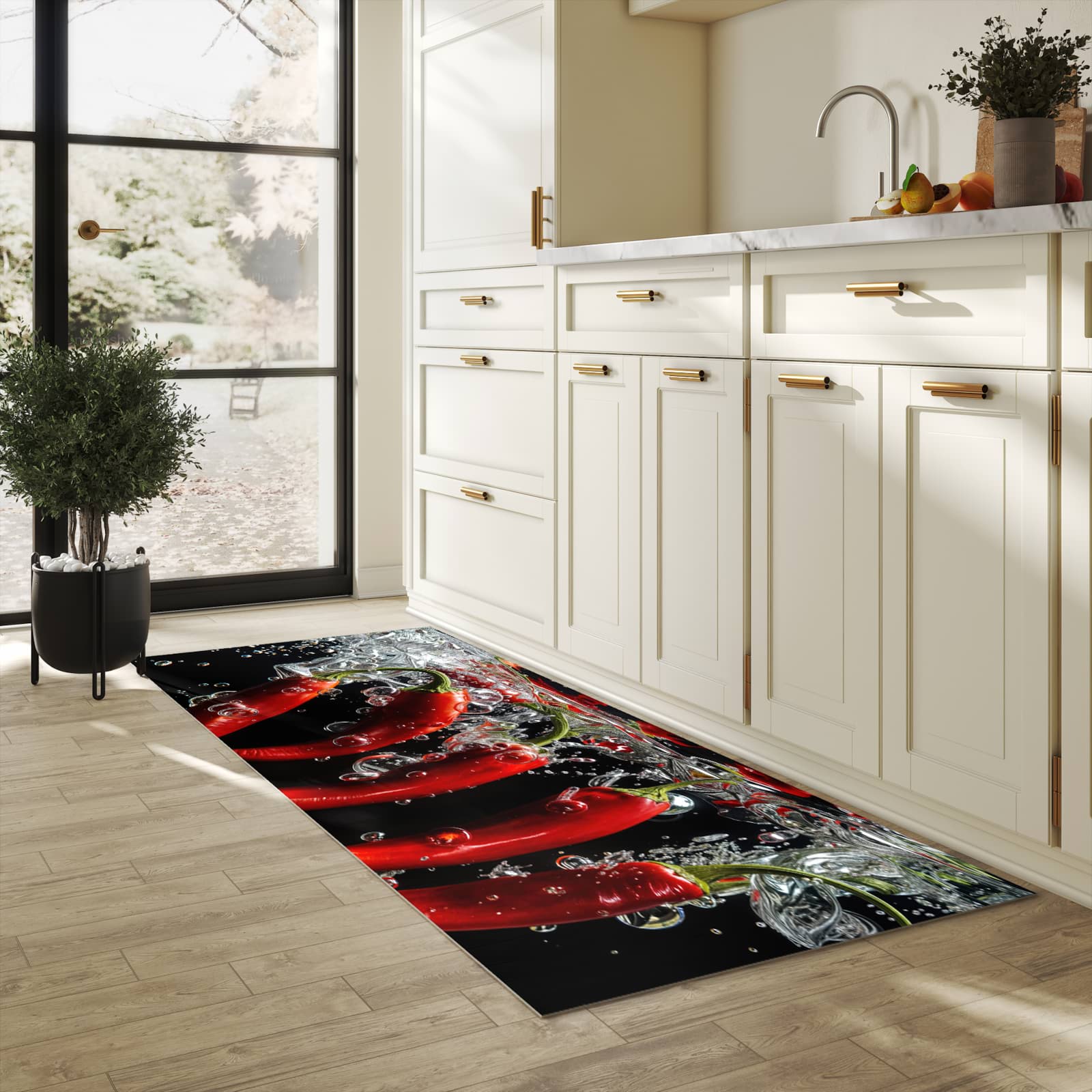 Küchenteppich mit Motiv Chili unter Wasser für Ordnung & Übersicht in heller Küche