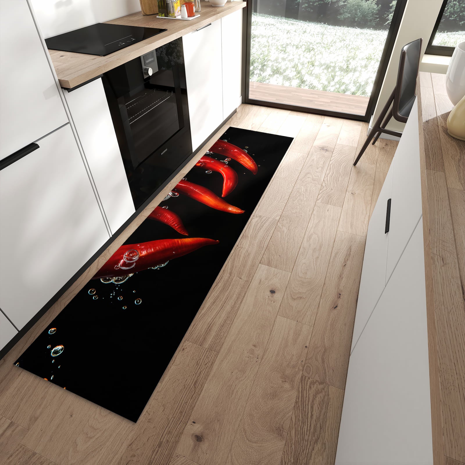 Fleckenresistenter Bodenläufer mit Motiv Chili unter Wasser in moderner Küche