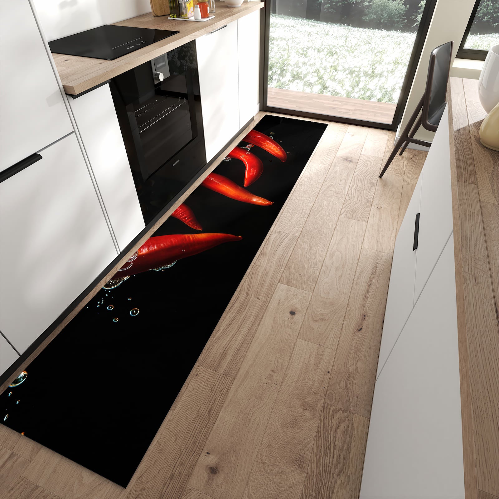 Geruchsneutraler waschbarer Küchenteppich mit Motiv Chili unter Wasser in moderner Küche