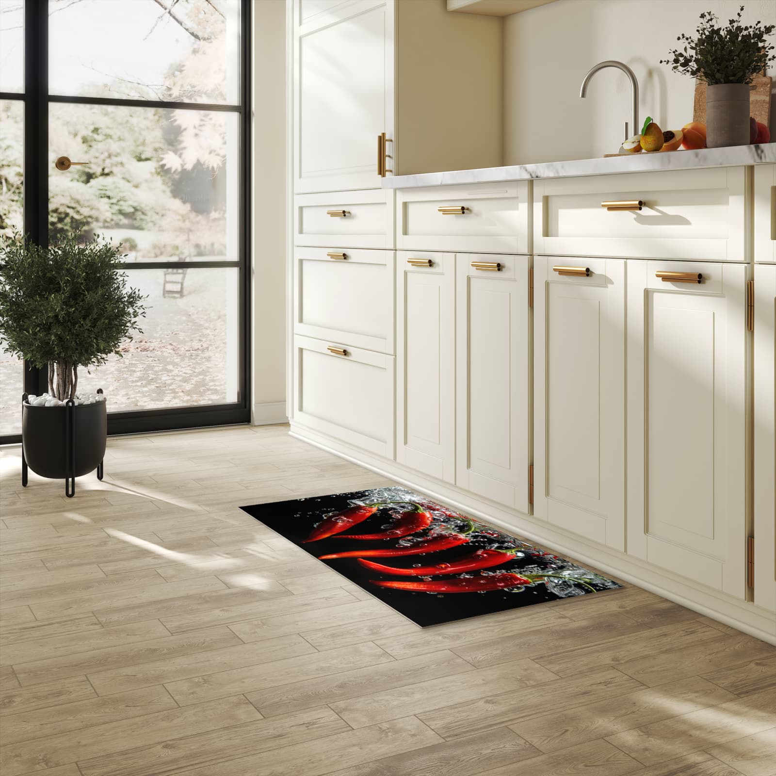 Pflegeleichter moderner Küchenläufer mit Motiv Chili unter Wasser in heller Küche