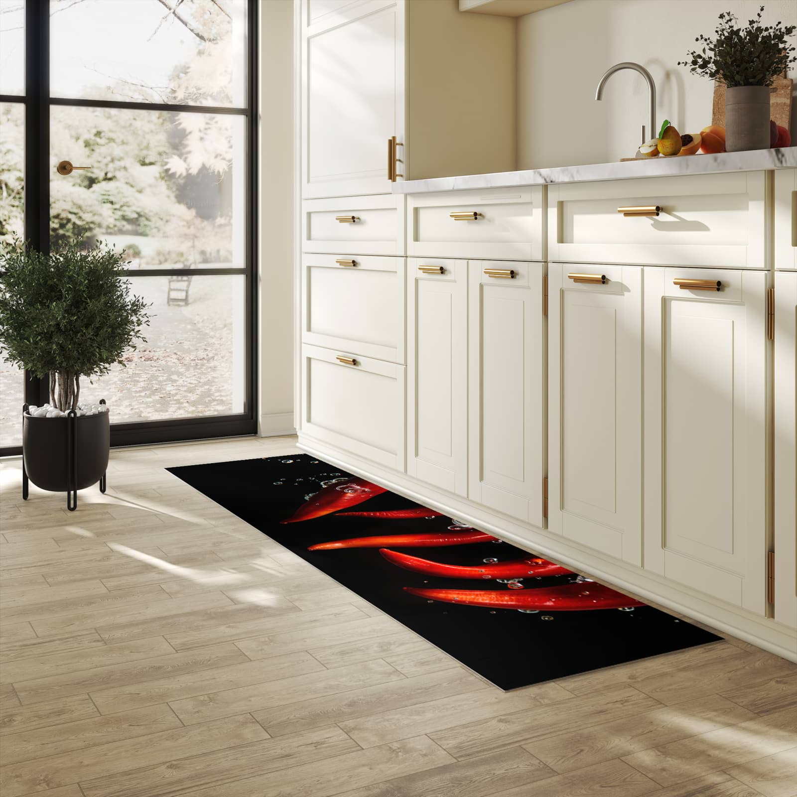 Pflegeleichter moderner Küchenläufer mit Motiv Chili unter Wasser in heller Küche