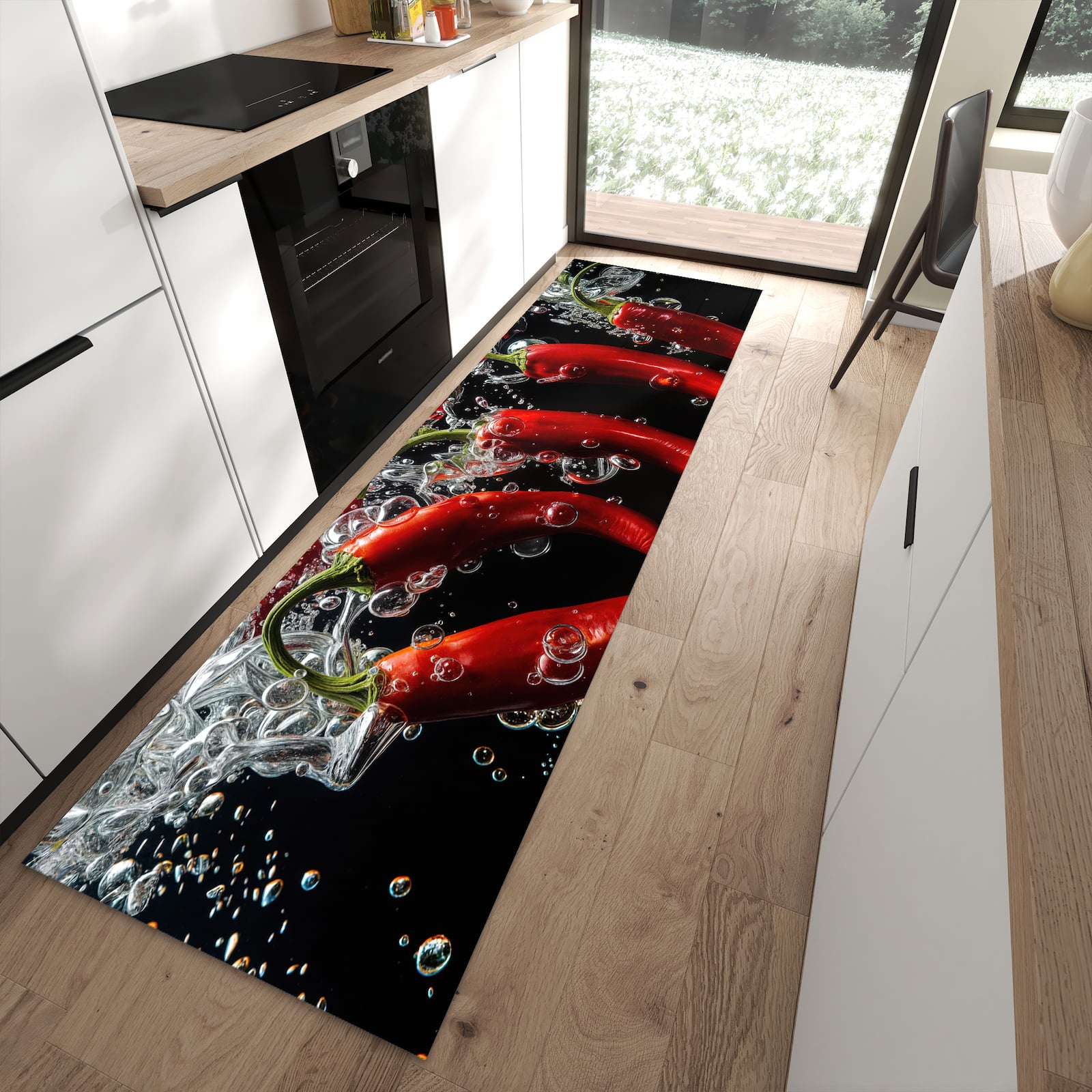 Komfortabler waschbarer Küchenteppich mit Motiv Chili unter Wasser in moderner Küche