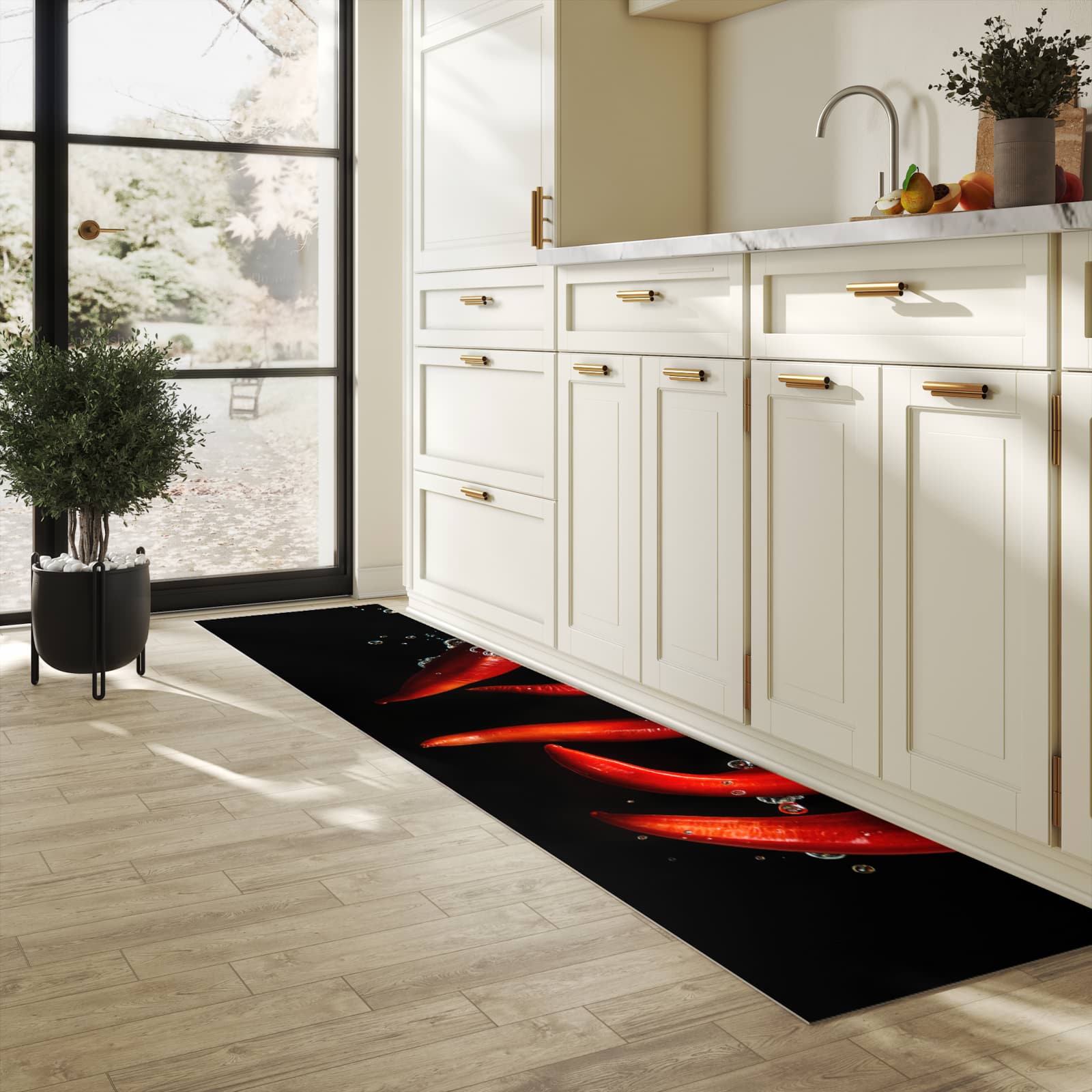 Hygienischer Küchenteppich mit Motiv Chili unter Wasser in heller Küche - abwaschbar