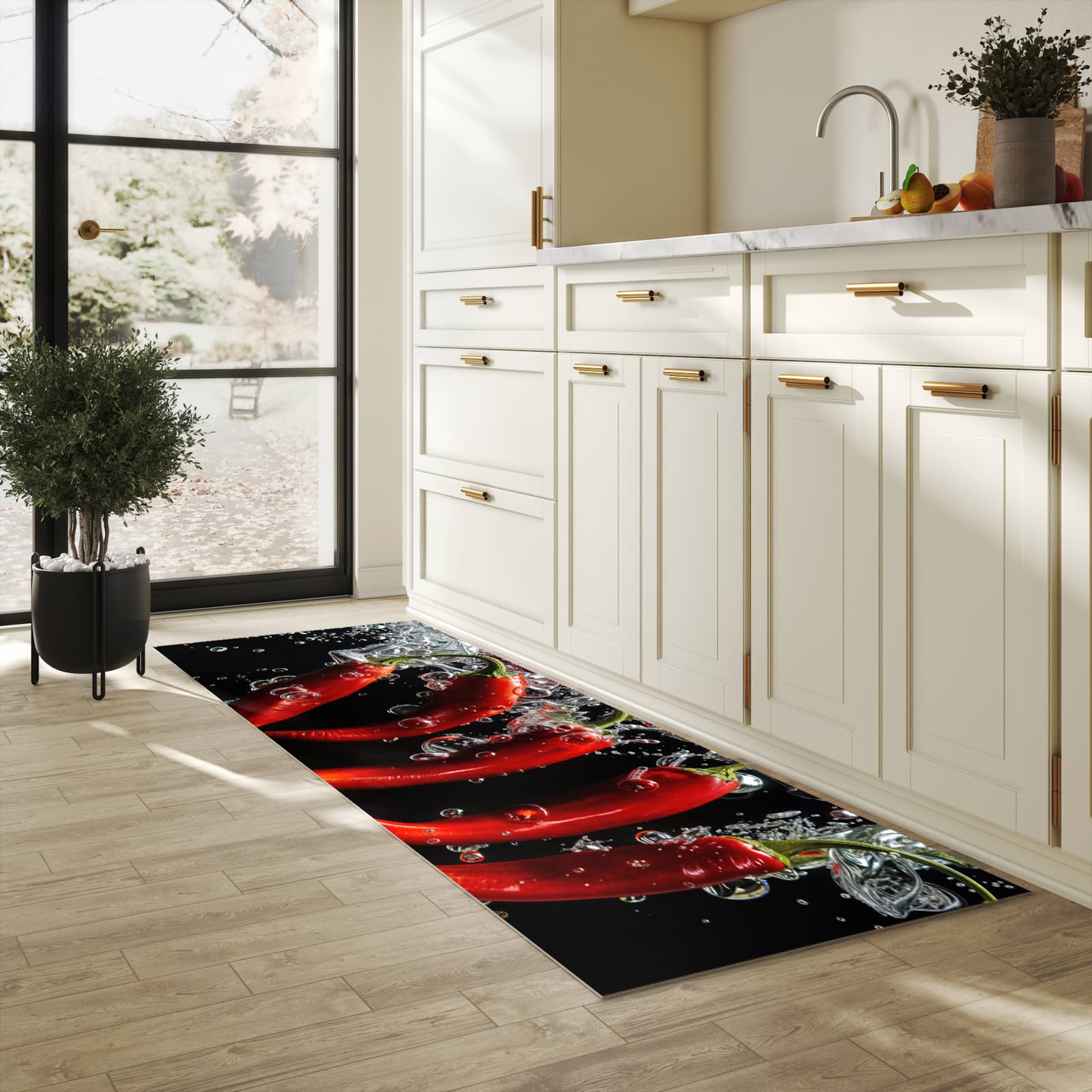 Langlebiger Küchenteppich mit Motiv Chili unter Wasser in heller Küche