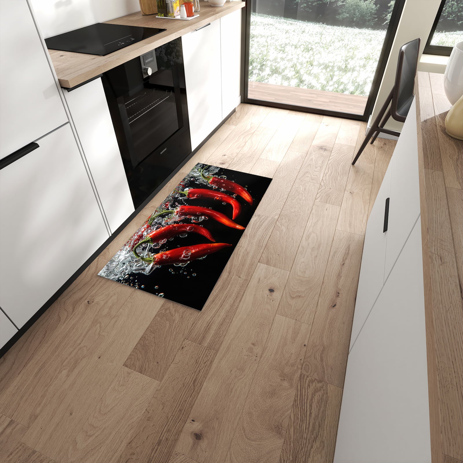 UV-beständiger waschbarer Teppich für Esstisch mit Motiv Chili unter Wasser in moderner Küche #grösse_60 x 120 cm