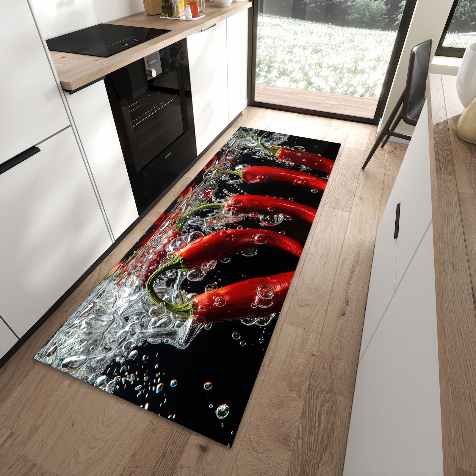 Rutschfester Küchenteppich mit Motiv Chili unter Wasser für angenehmes Stehen in moderner Küche