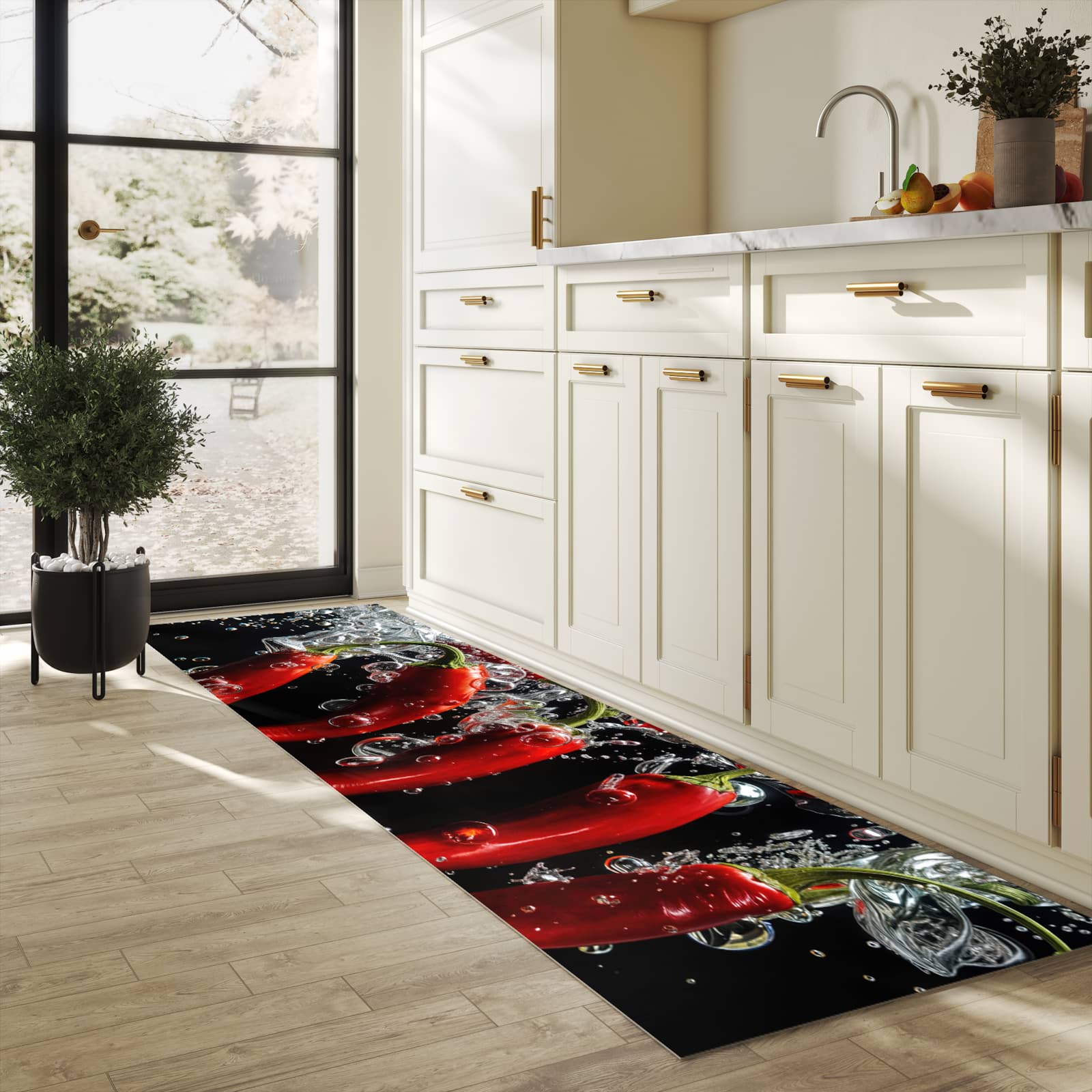 Feuchtigkeitsresistenter Teppich für die Küche mit Motiv Chili unter Wasser in heller Küche
