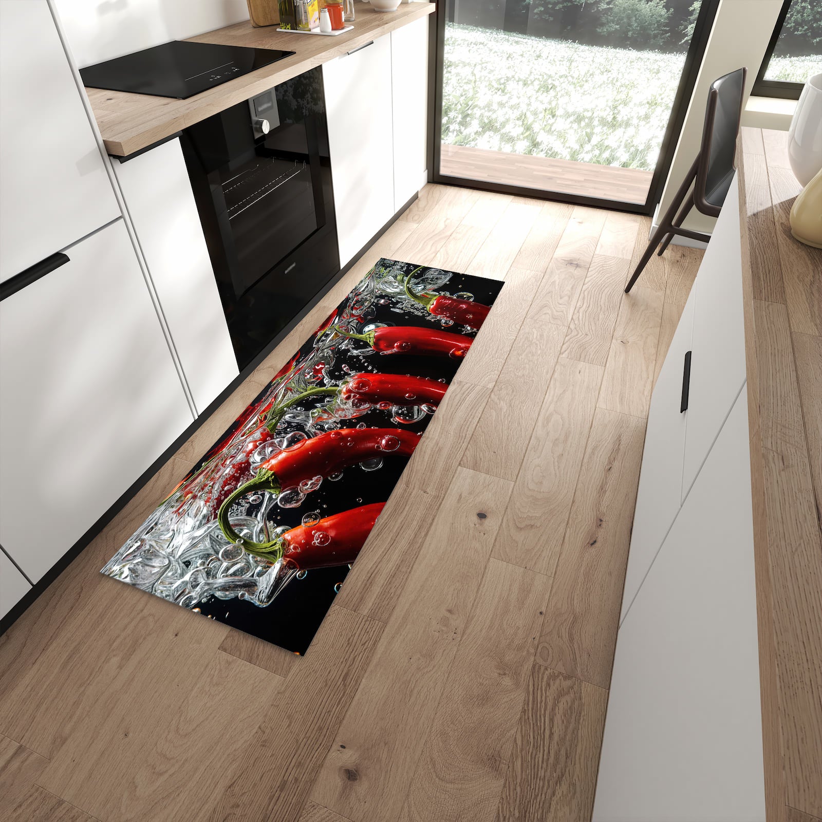 Wasserabweisender Bodenläufer mit Motiv Chili unter Wasser in moderner Küche