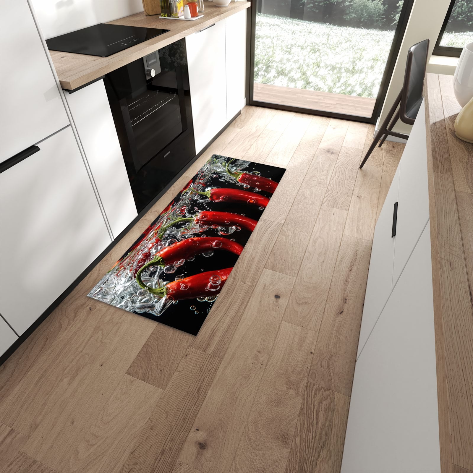 Rutschfester Küchenteppich mit Motiv Chili unter Wasser für Trittkomfort in moderner Küche #grösse_60 x 150 cm