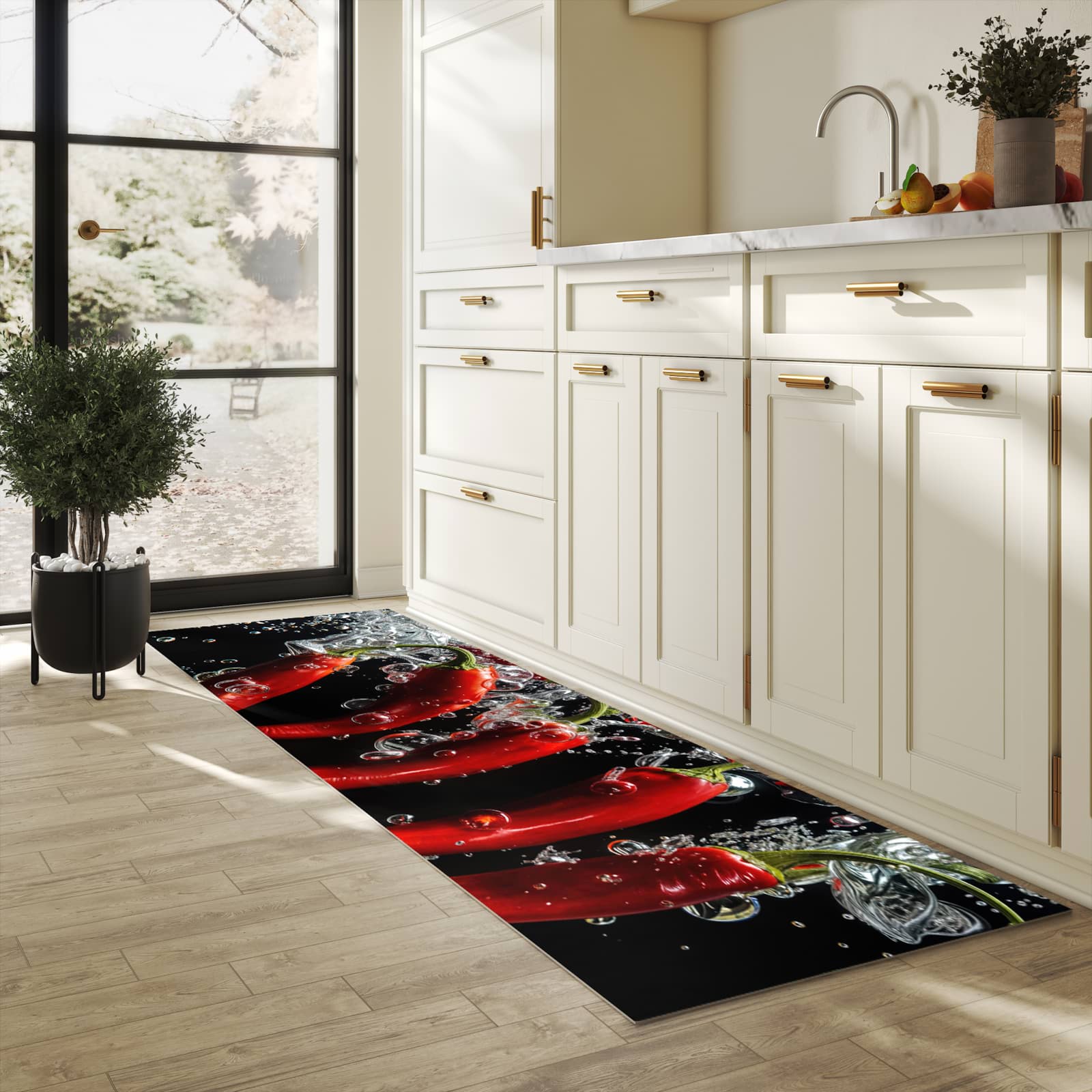 Rutschfester Küchenteppich mit Motiv Chili unter Wasser in heller Küche
