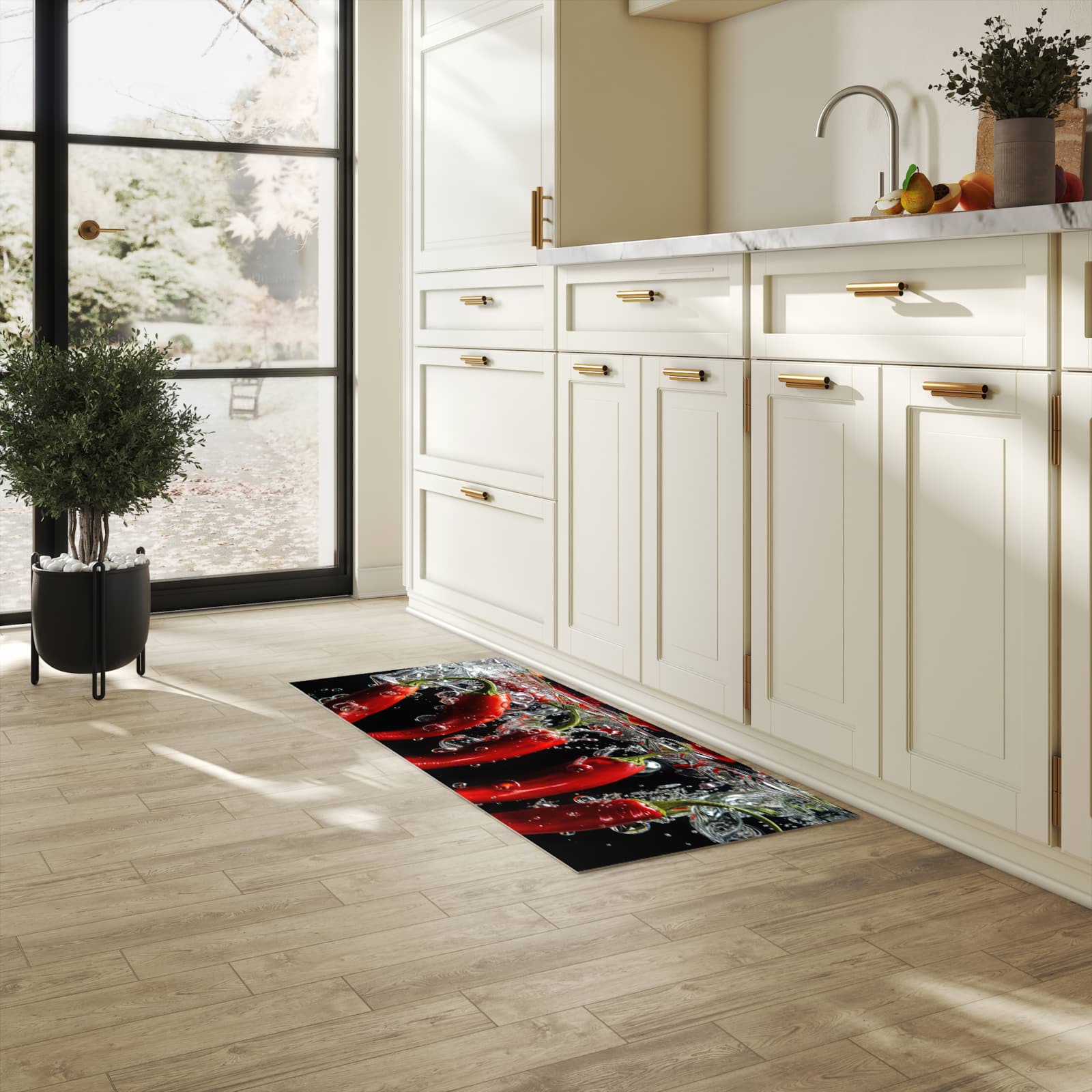 Komfortabler Küchenläufer nach Maß mit Motiv Chili unter Wasser in heller Küche
