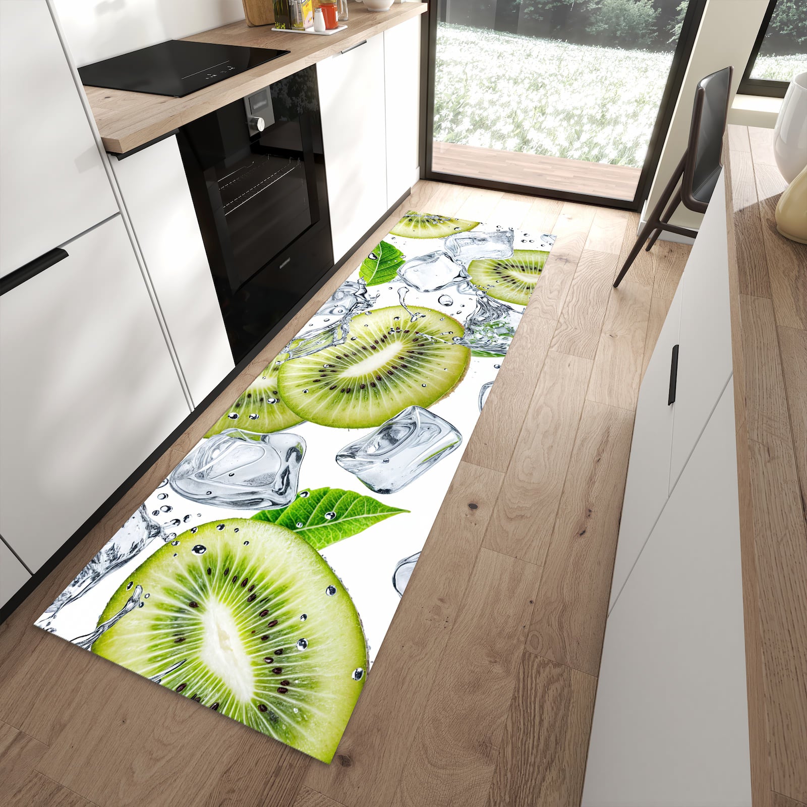 Formstabiler Läufer mit Motiv Kiwi Würfel Eis in moderner Küche für rutschfesten Stand