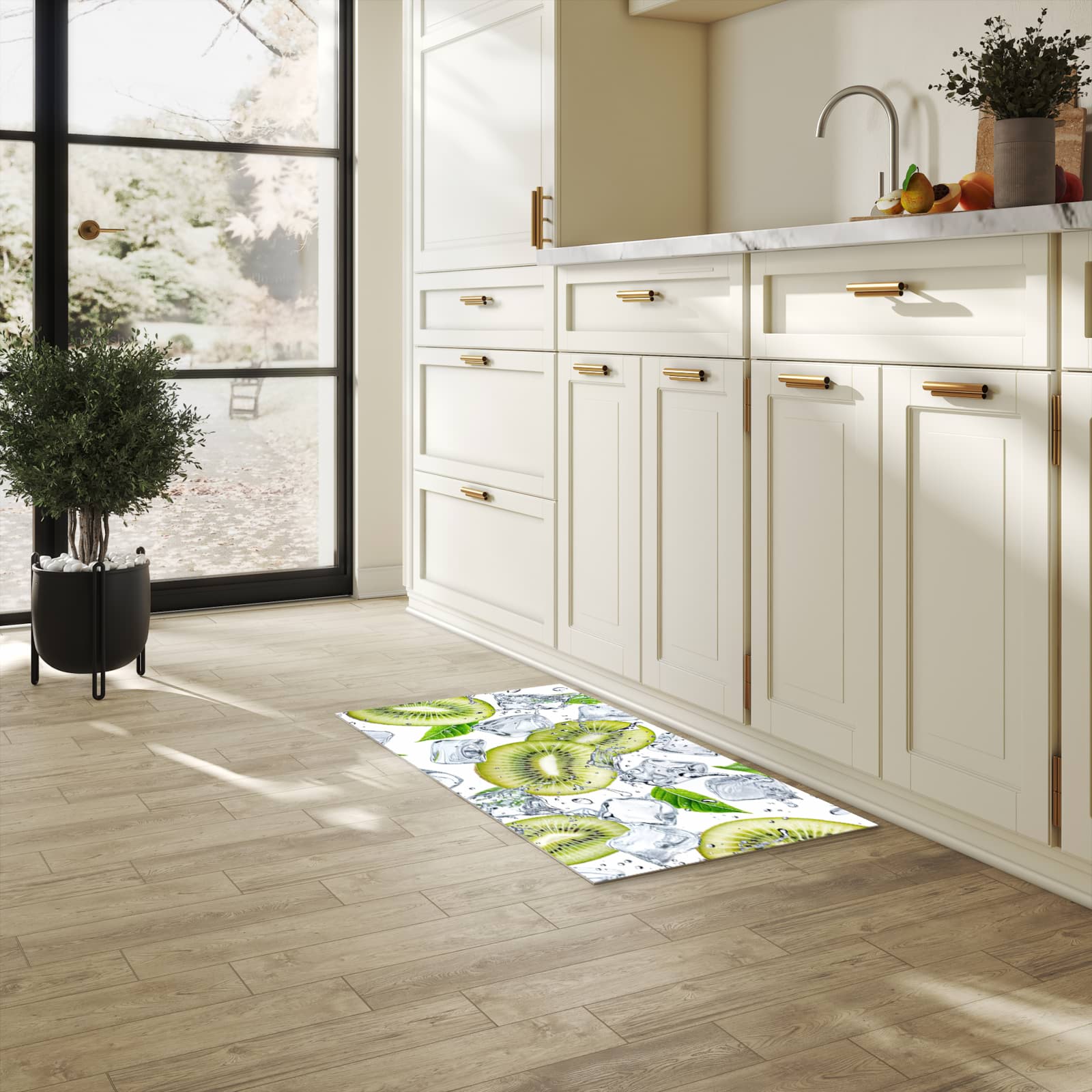 Formstabiler waschbarer Küchenteppich mit Motiv Kiwi Würfel Eis in heller Küche