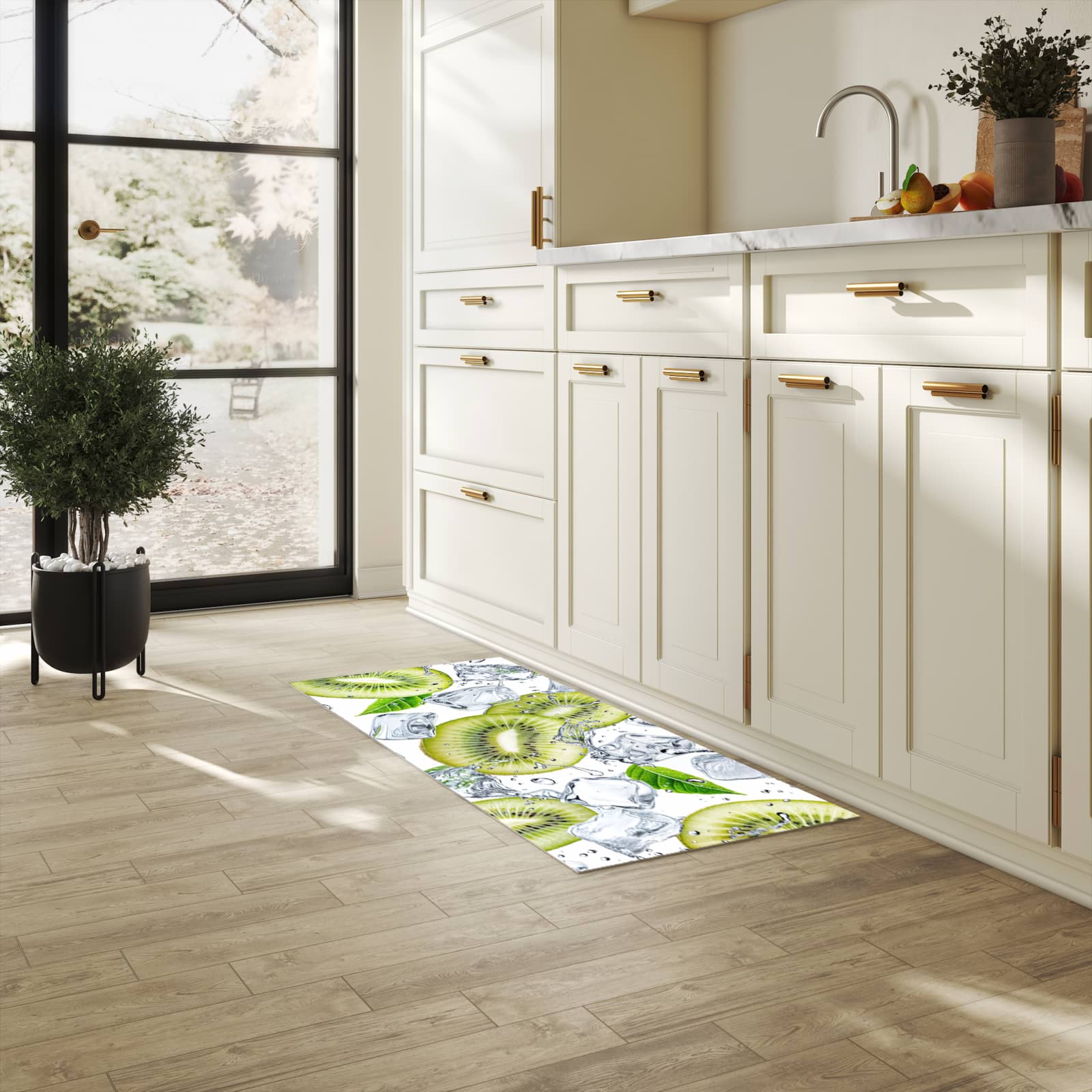 Waschbarer Küchenteppich mit Motiv Kiwi Würfel Eis in heller Küche für sichere Aufbewahrung
