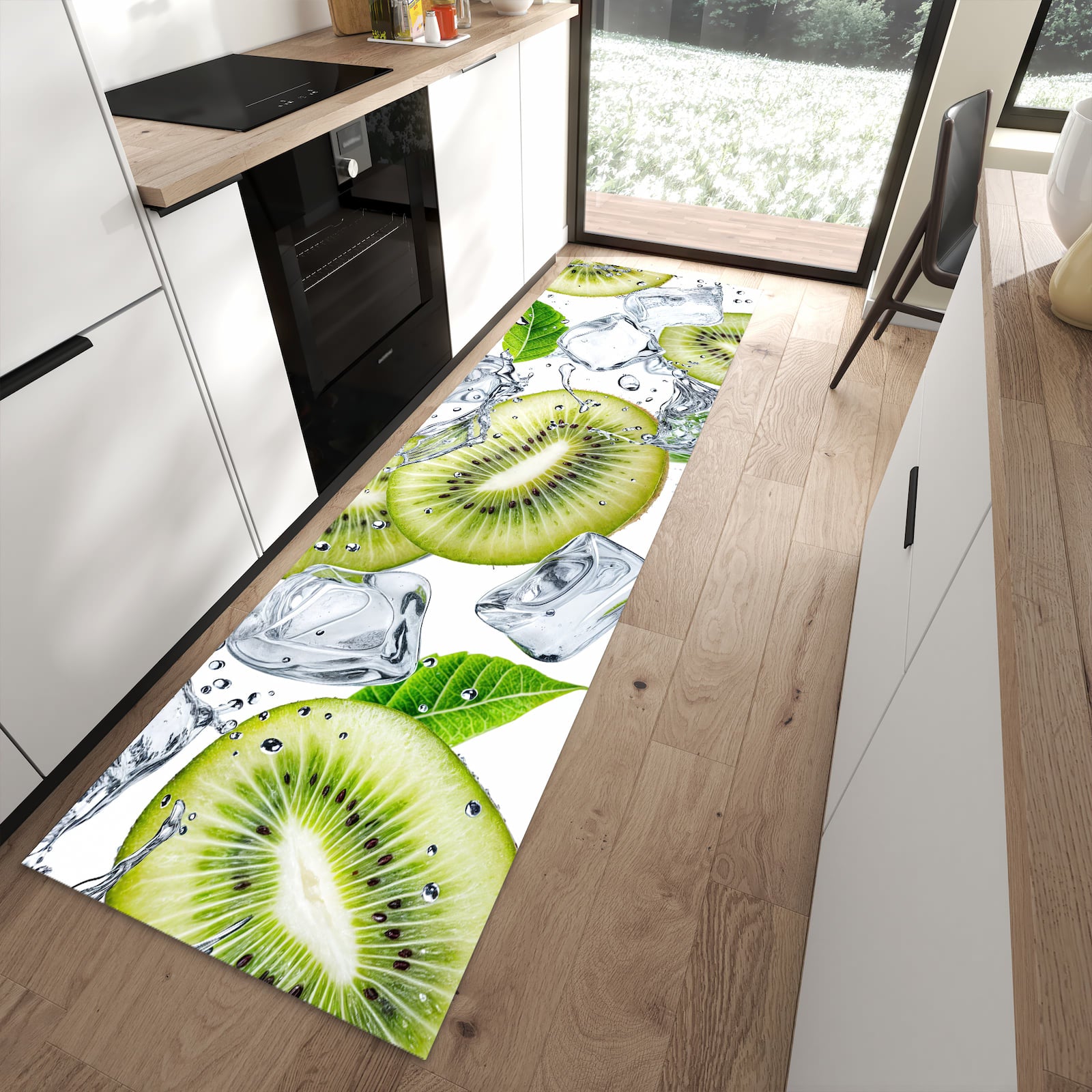 Dünner Küchenteppich mit Motiv Kiwi Würfel Eis in moderner Küche für sicheres Aufbewahren