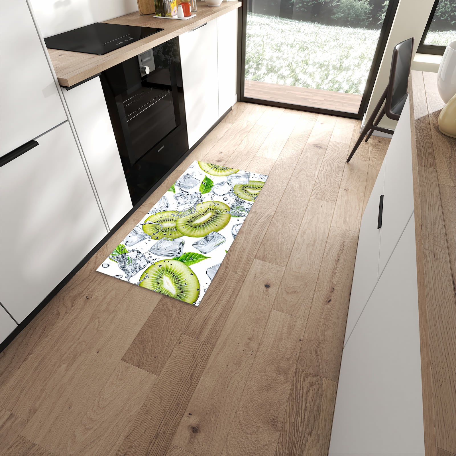Waschbarer Küchenteppich mit Motiv Kiwi Würfel Eis in moderner Küche #grösse_60 x 120 cm