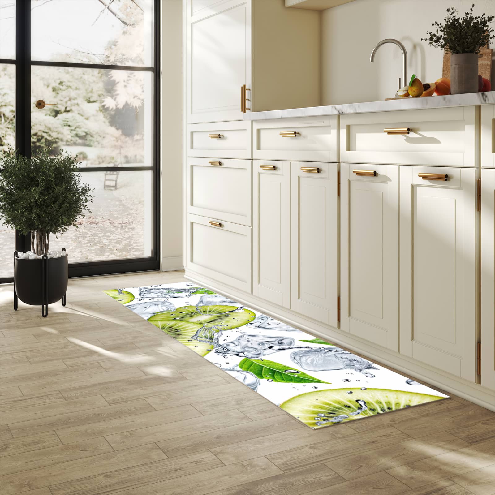 Geräuschdämpfender rutschfester Küchenteppich mit Motiv Kiwi Würfel Eis in heller Küche